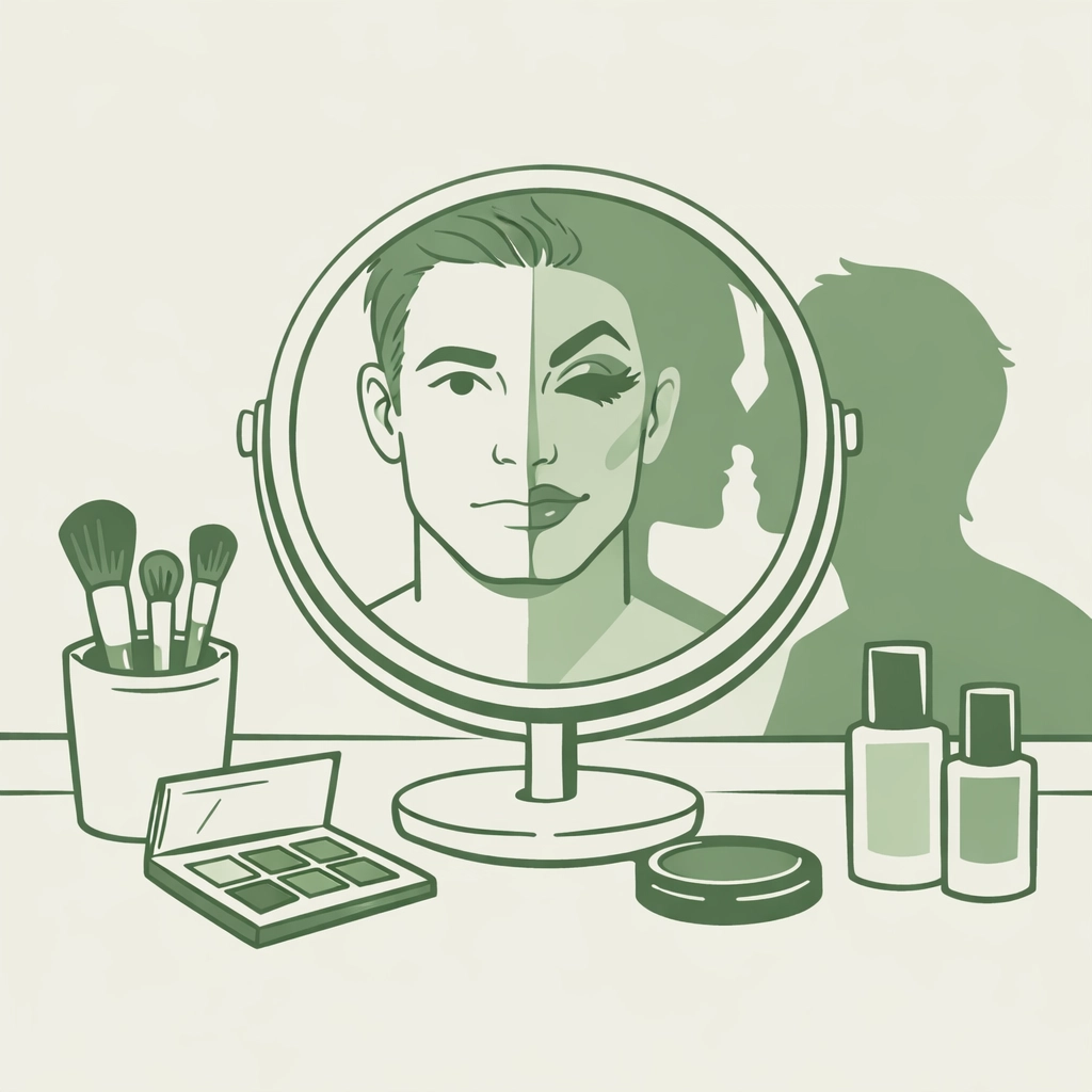 Gay man discovering drag persona through makeup mirror reflection showing transformation