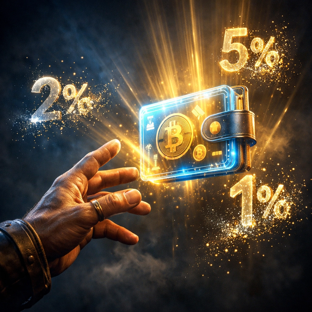 Crypto payment processor fees dissolving as merchant reaches for digital wallet showing cost savings