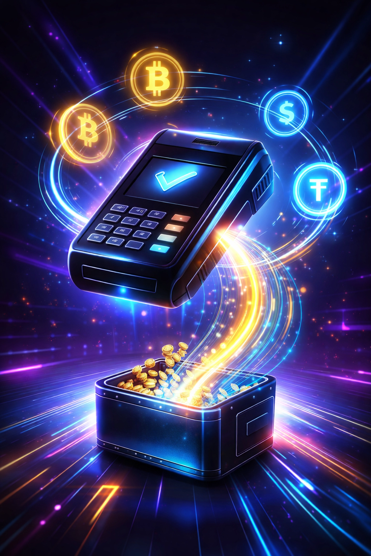 Digital POS terminal with cryptocurrency symbols illustrating direct, secure, low-fee crypto payments for merchants