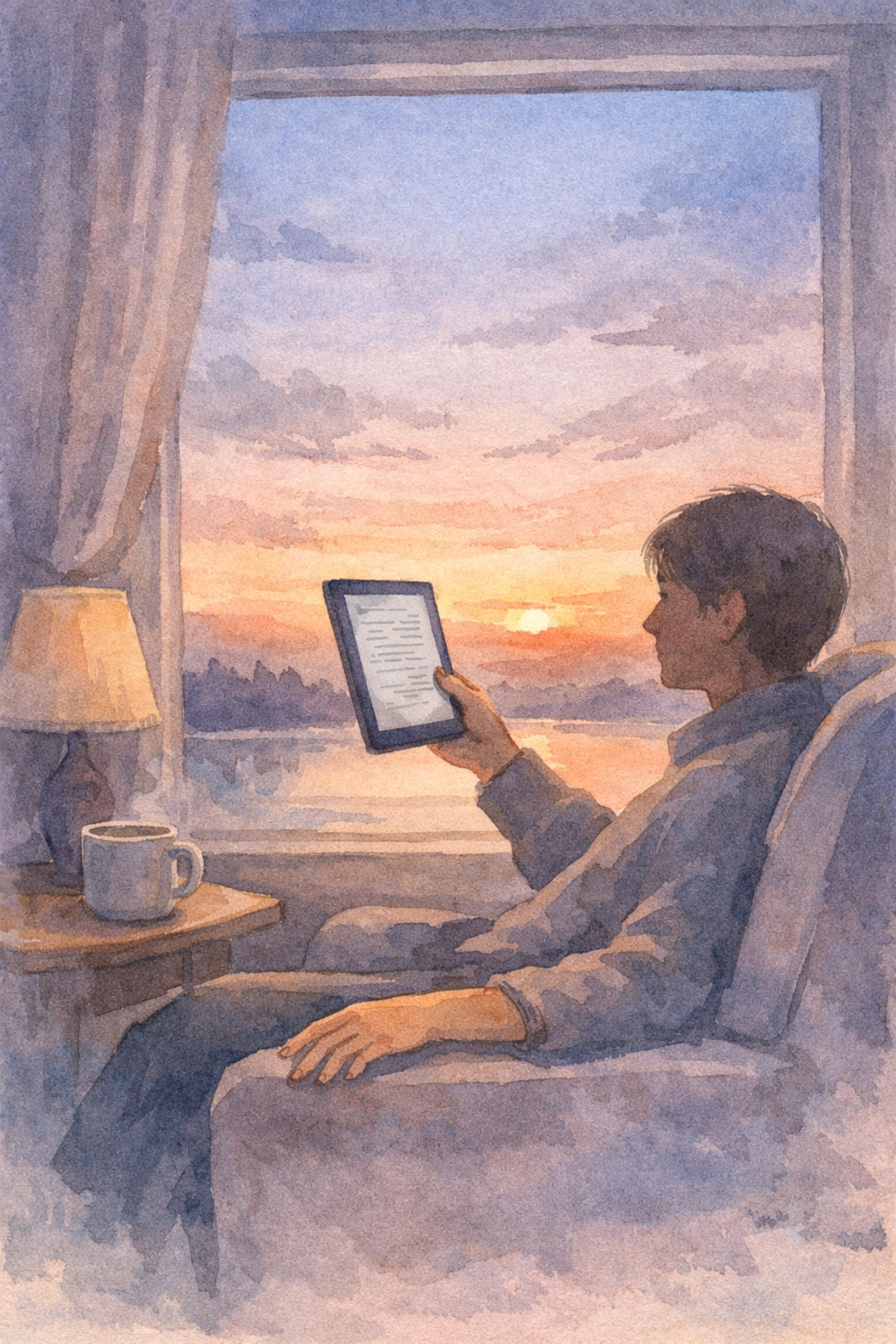 Person reading calmly by window at dusk showing intentional news consumption without overwhelm