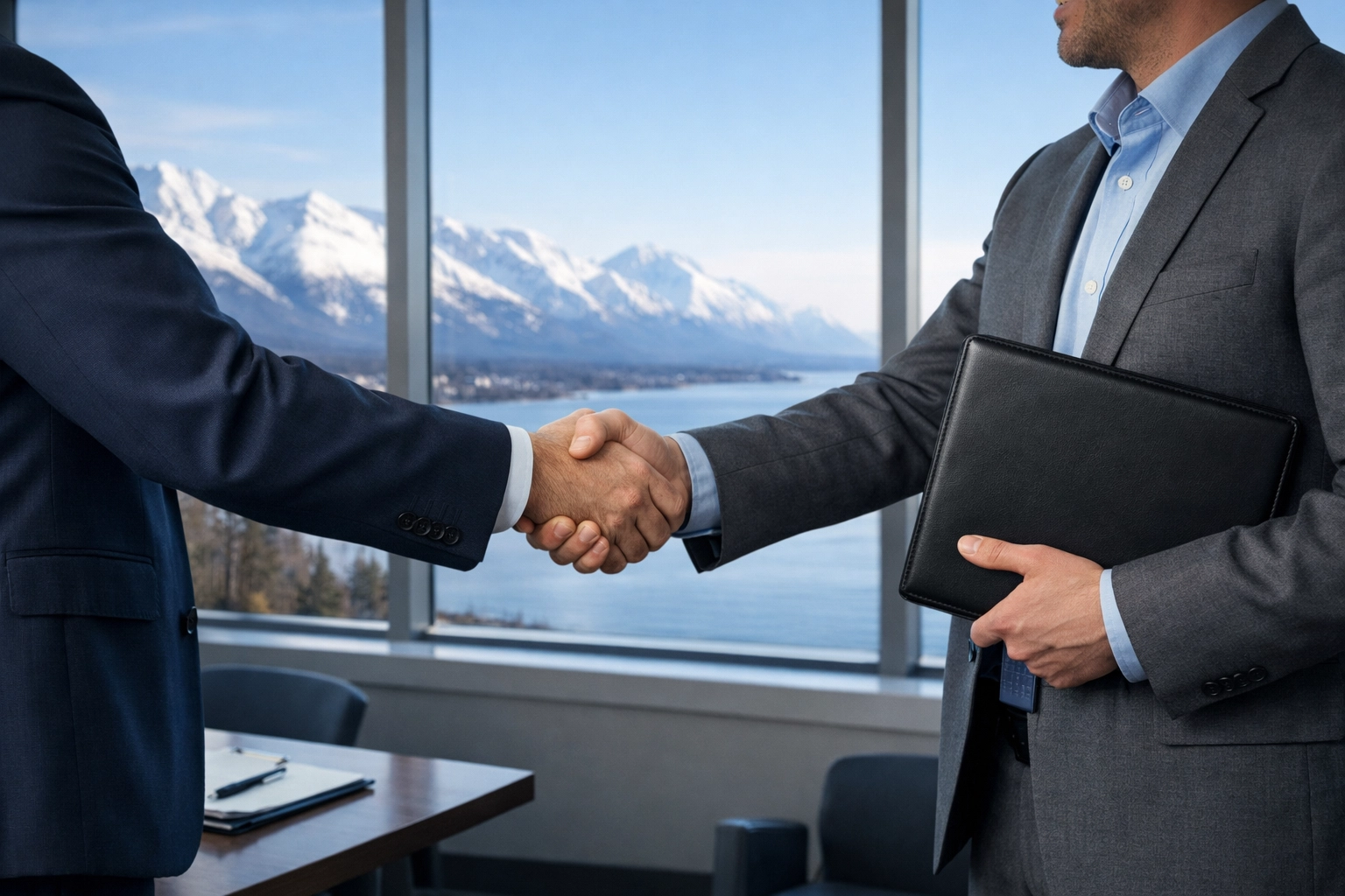 Two Alaska professionals shaking hands on E&O insurance agreement