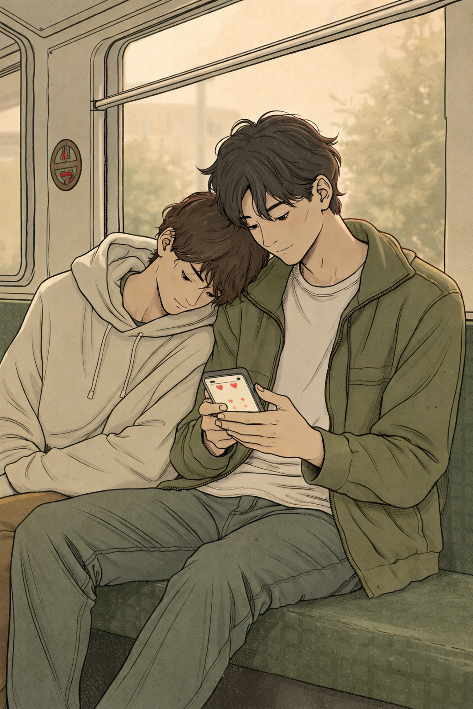 Two gay men sharing a romantic moment on a London Underground train using a dating app, capturing modern gay romance.