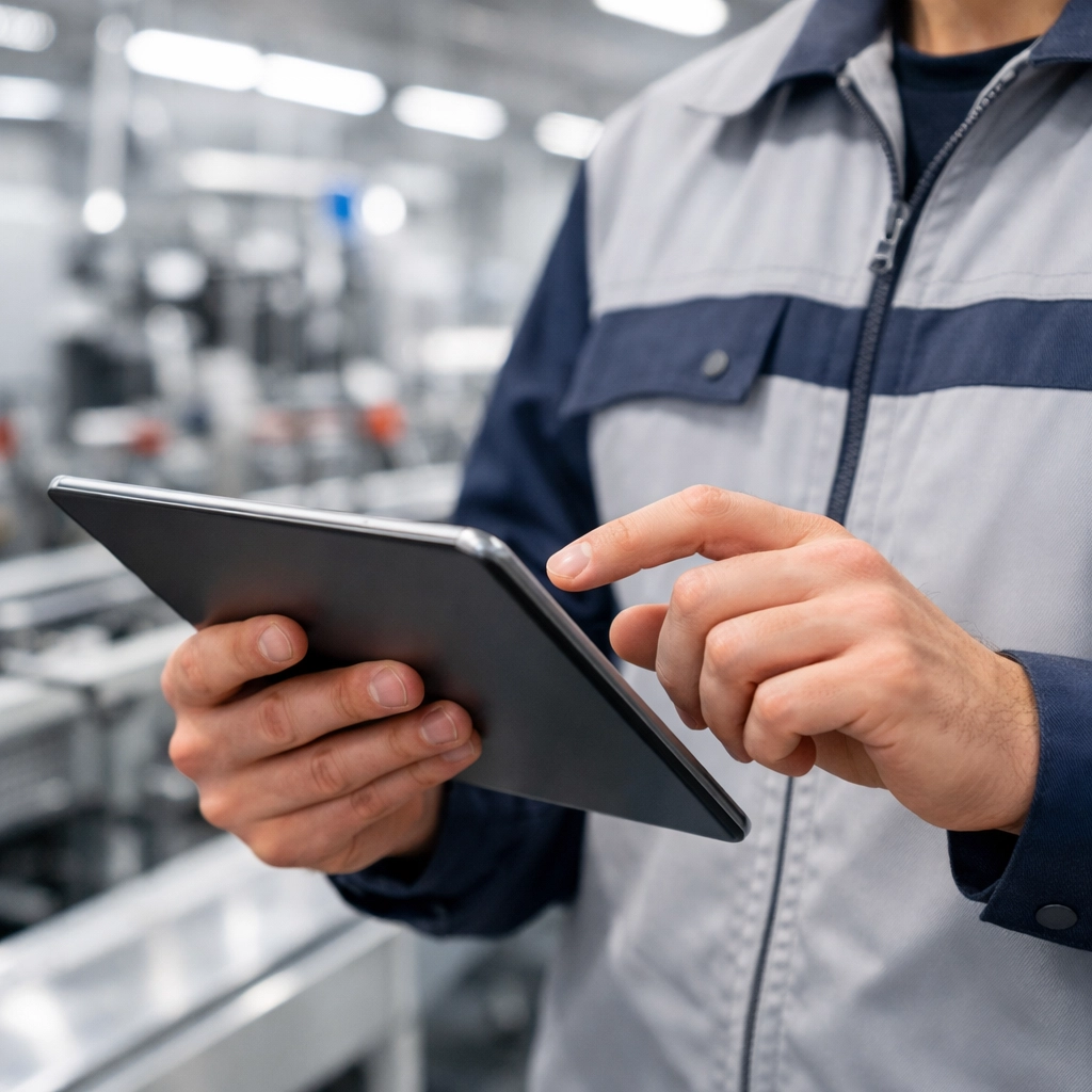 Manufacturing technician using a digital tablet on a production line for automated workflow efficiency.
