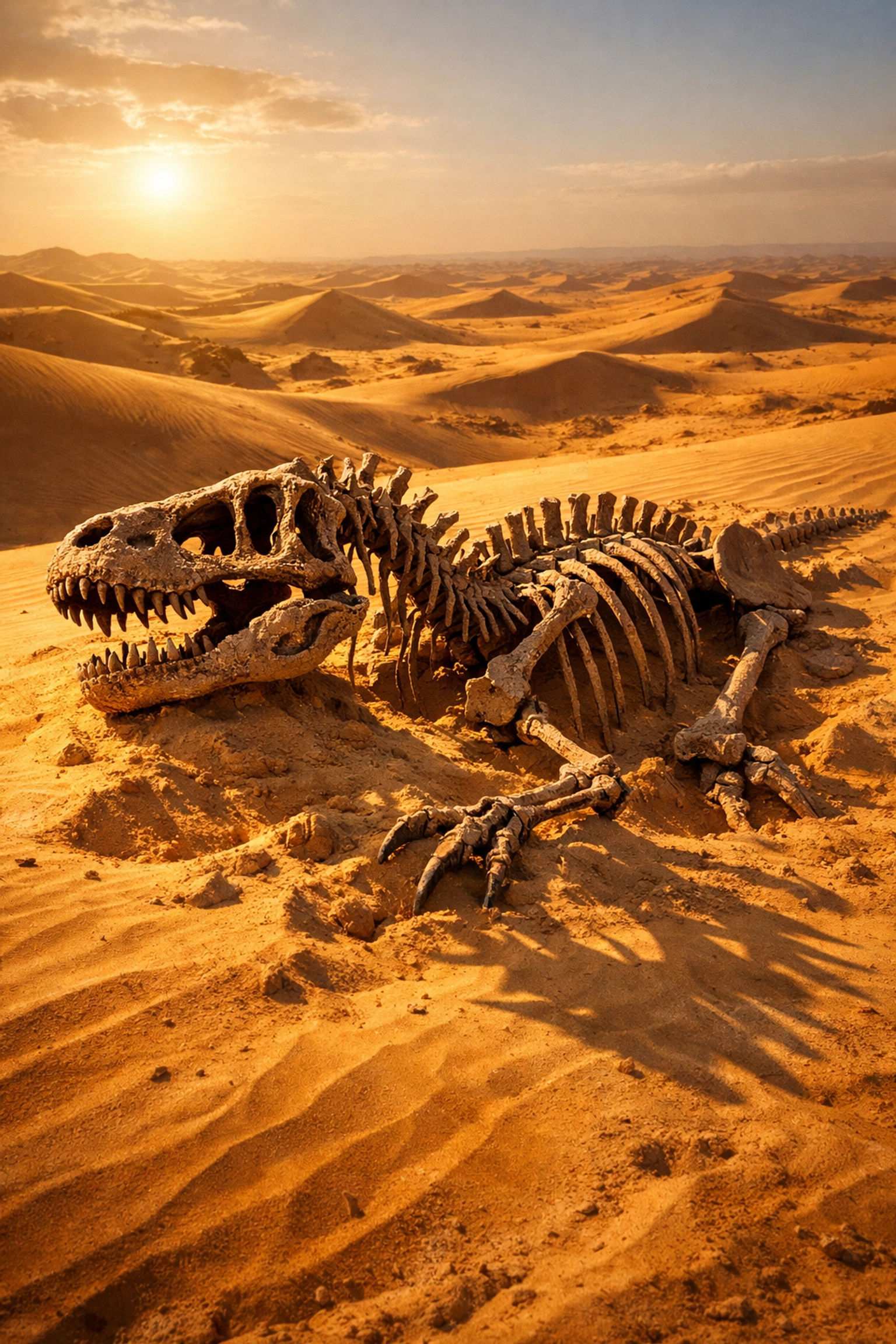 Dinosaur fossil skeleton emerging from Sahara Desert sand dunes at the excavation site