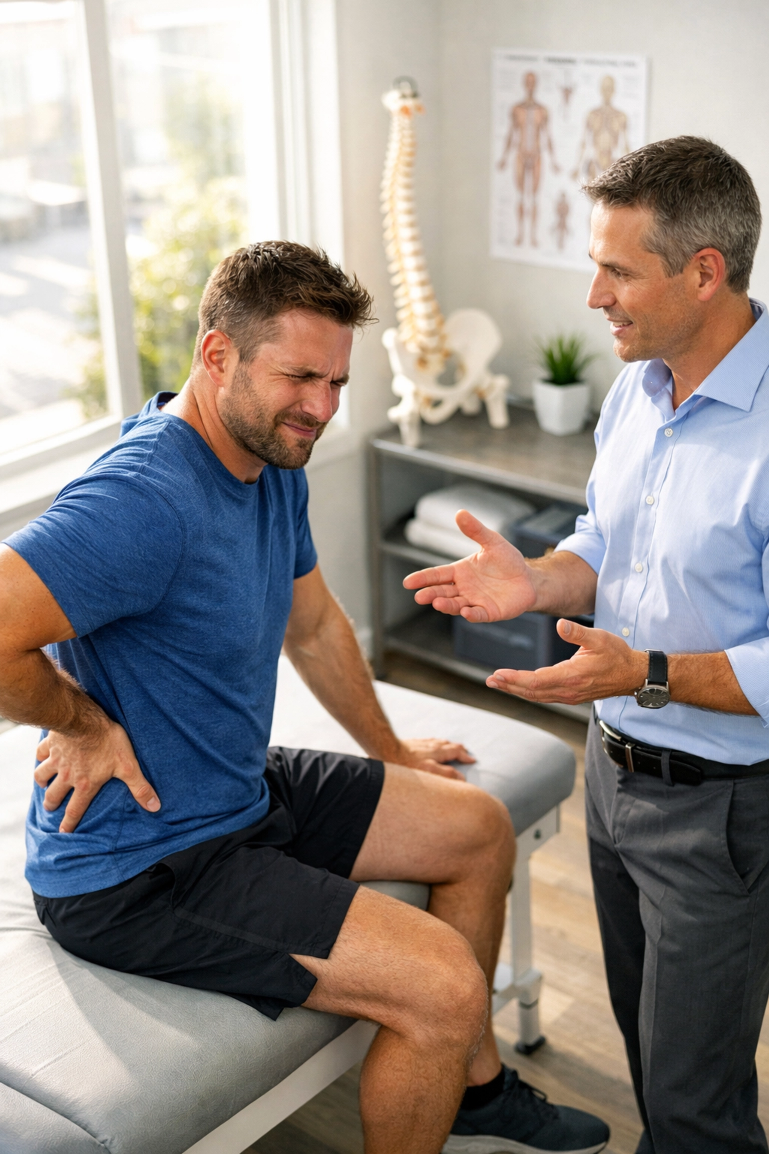 Athletic man with acute back pain consulting chiropractor in clinical setting