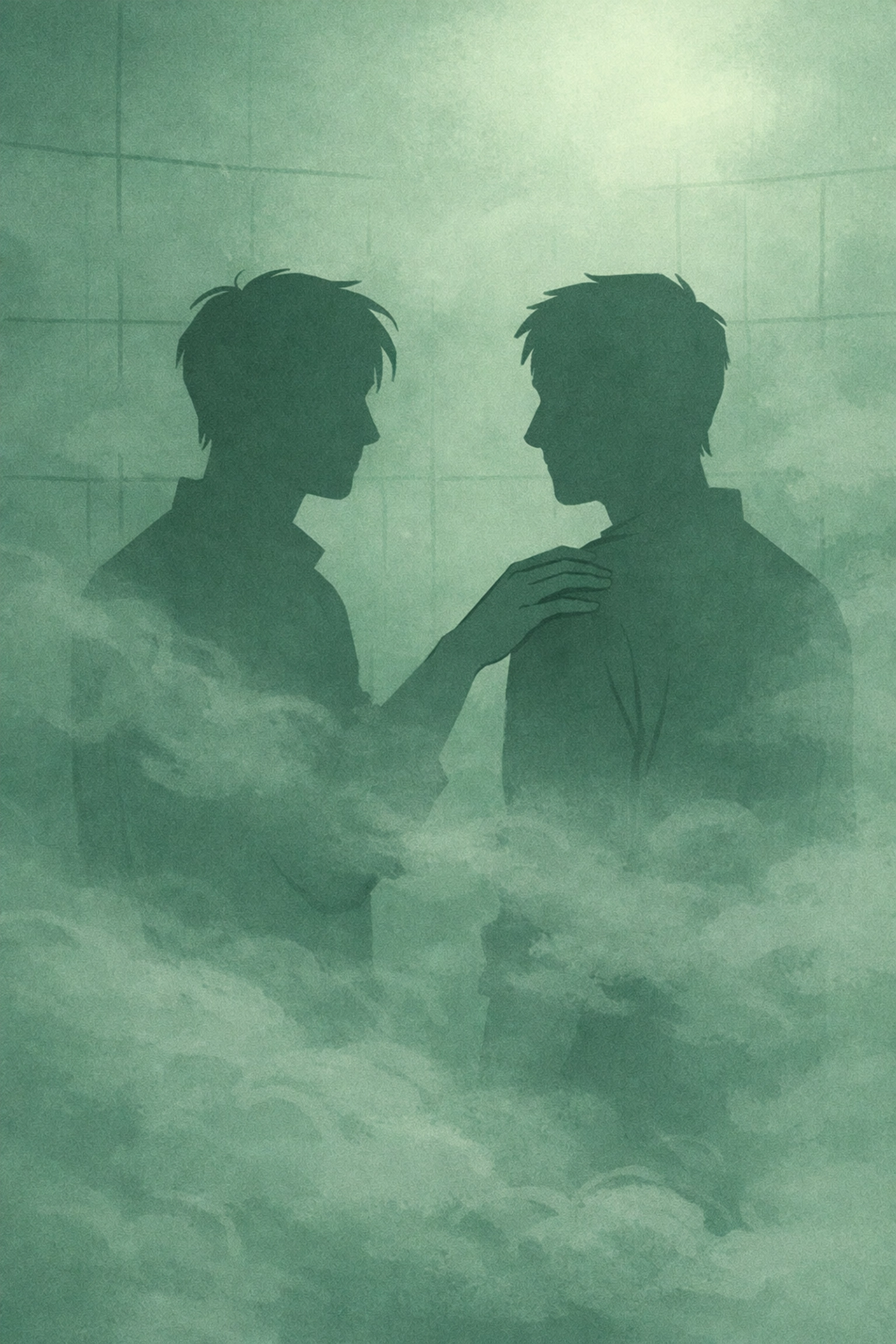 Two men connect through steam in a gay sauna, exploring anonymous MM intimacy and bisexual desire