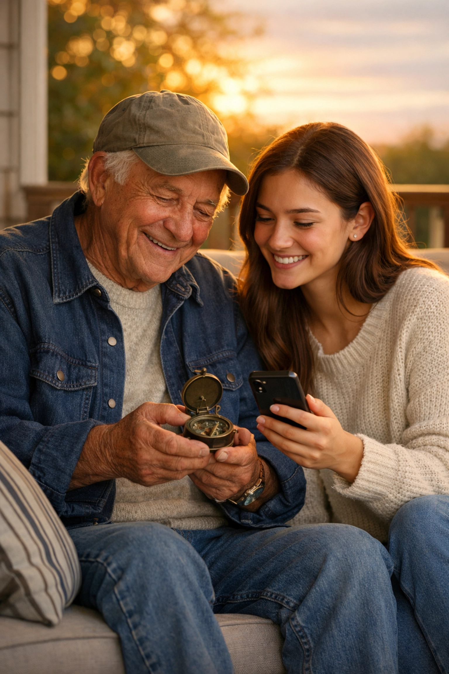 Grandfather and granddaughter recording family patriotic stories through the Pledge Allegiance StoryKeeper program.