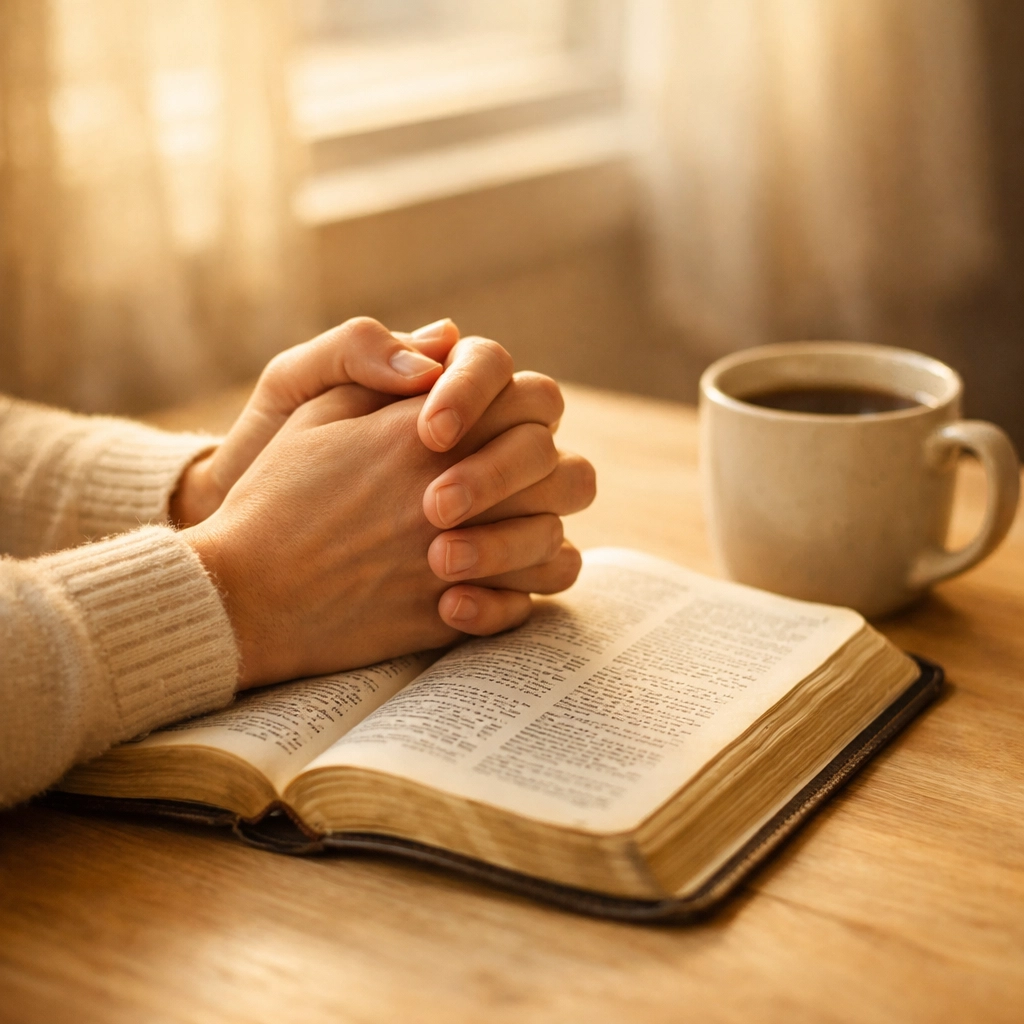 Hands in prayer over open Bible with coffee, demonstrating peaceful morning faith practice