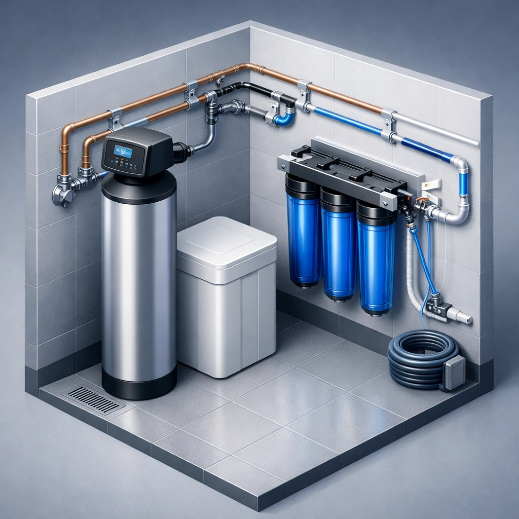 Modern home utility room featuring both a water softener tank and a multi-stage water filtration system.
