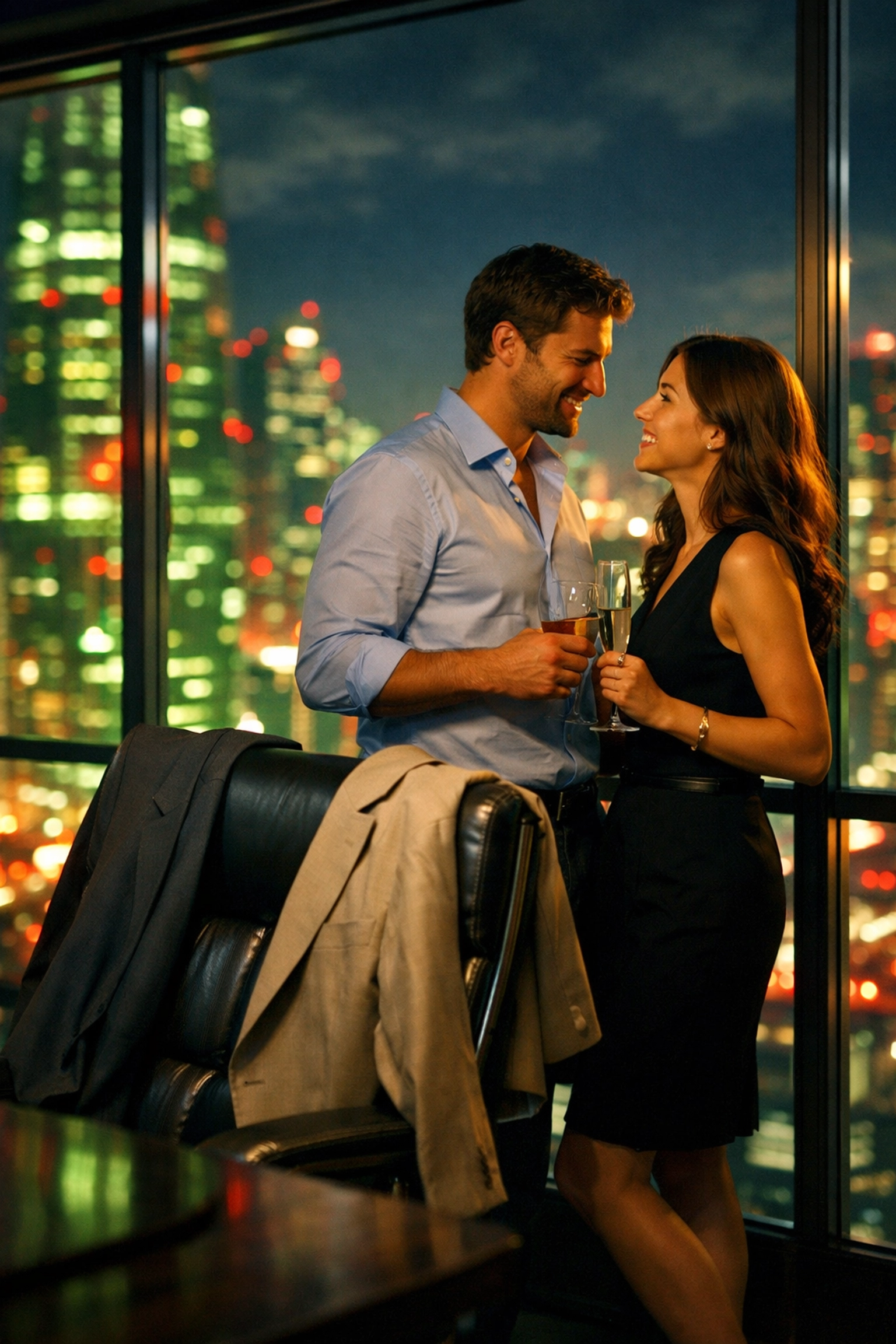 Intimate moment between coworkers sharing a deep connection away from their professional roles.