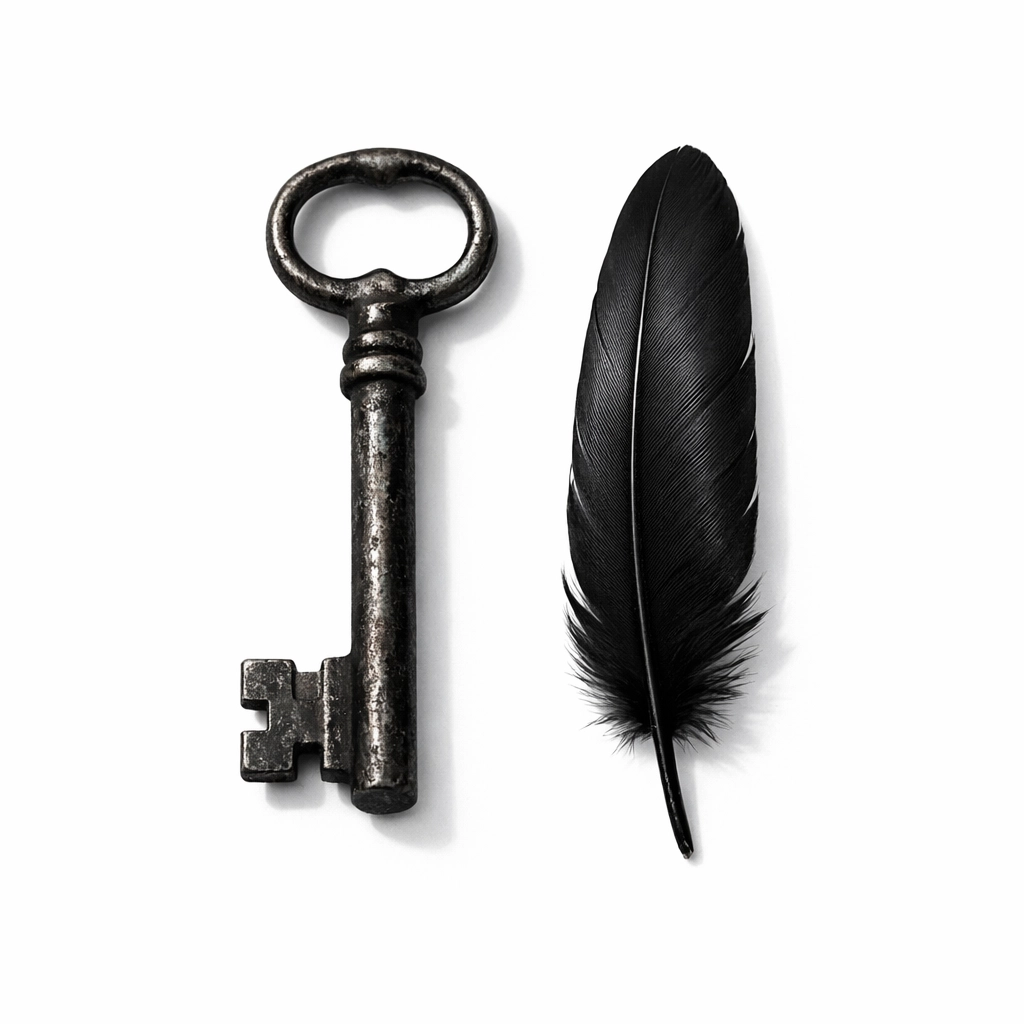 An antique skeleton key and black feather evoking the mystery and suspense of classic summer reading books.