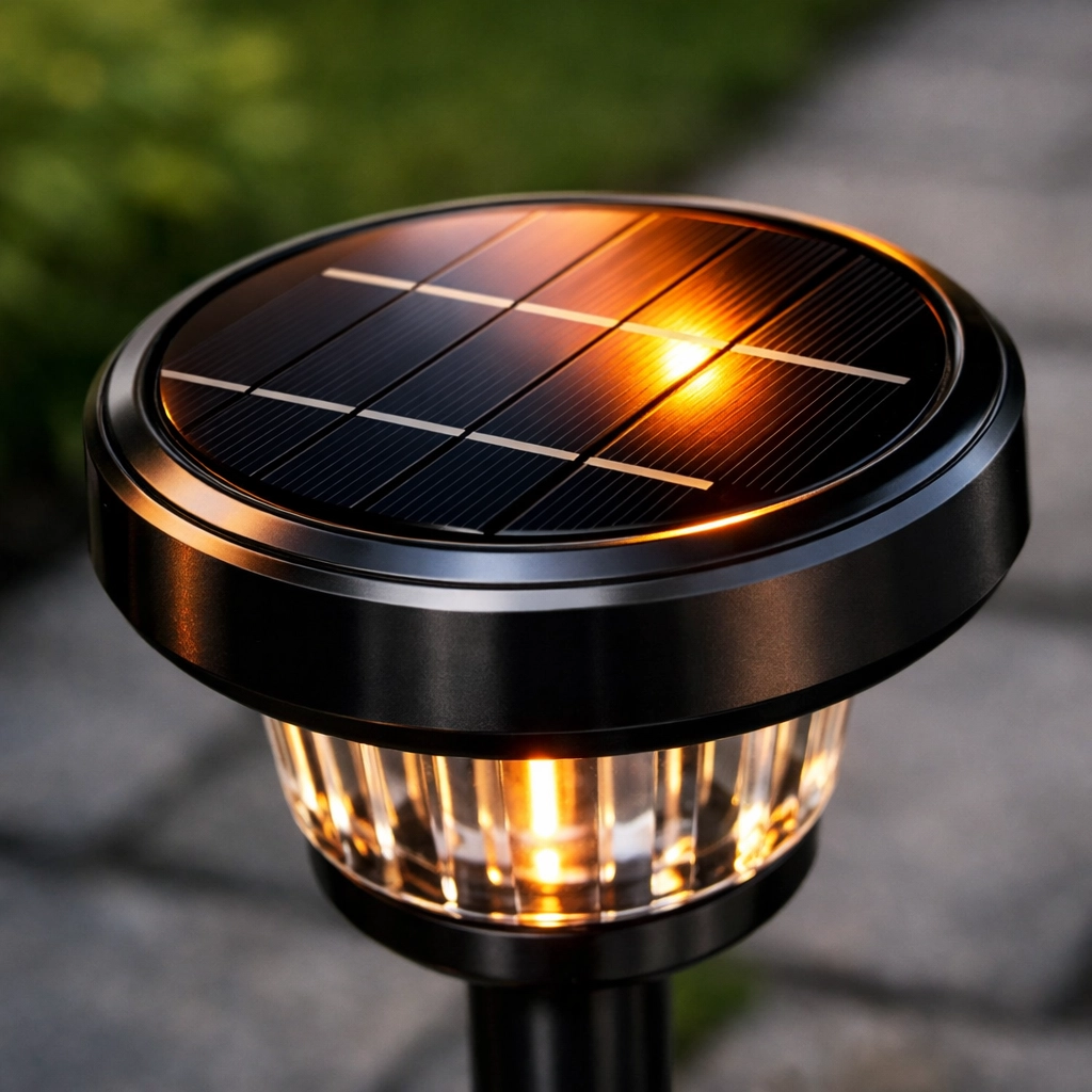 Κοντινό πλάνο σε ηλιακό πάνελ από μοντέρνα ηλιακά φωτιστικά κήπου Ledmania.