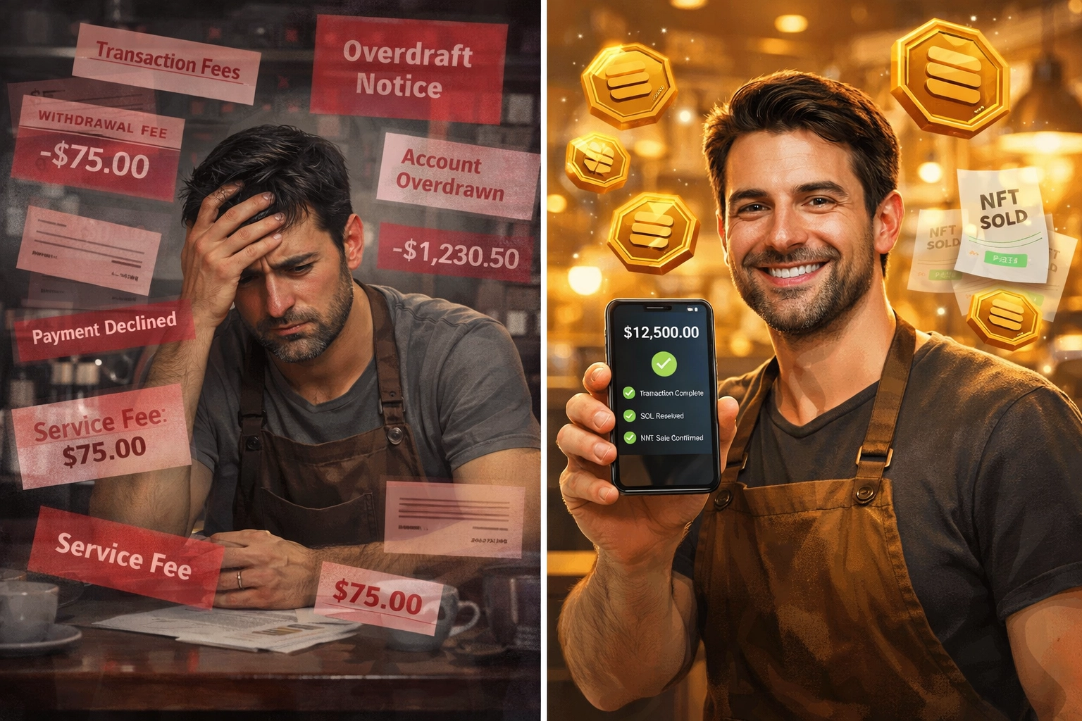 Split view of merchant experiencing high payment fees versus using Larecoin self-custody wallet