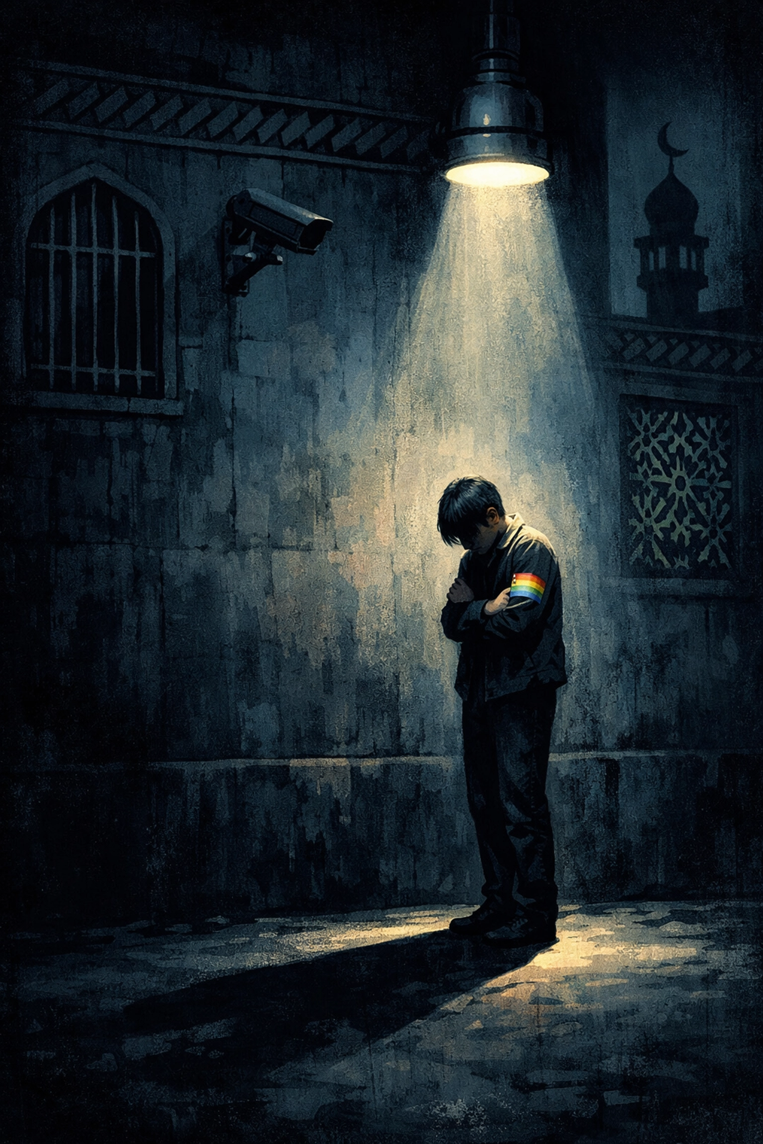 Isolated LGBTQ+ person in shadows symbolizing persecution post-1979 Iran