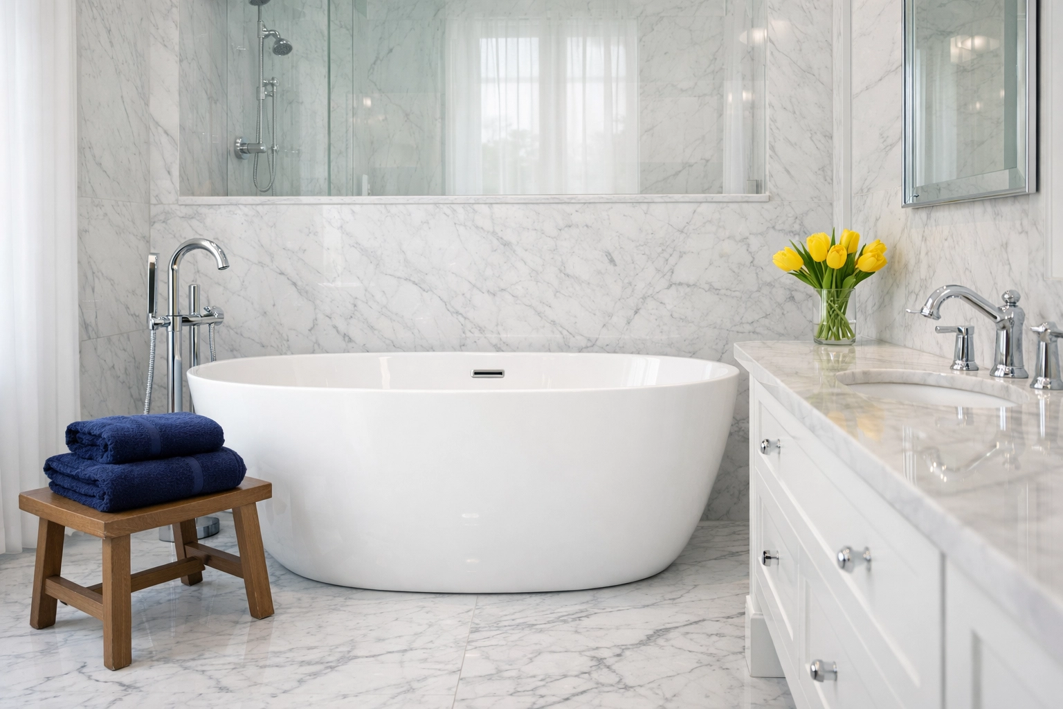 Luxury master bathroom with white marble sanitized during a professional move-in cleaning in Wellesley.