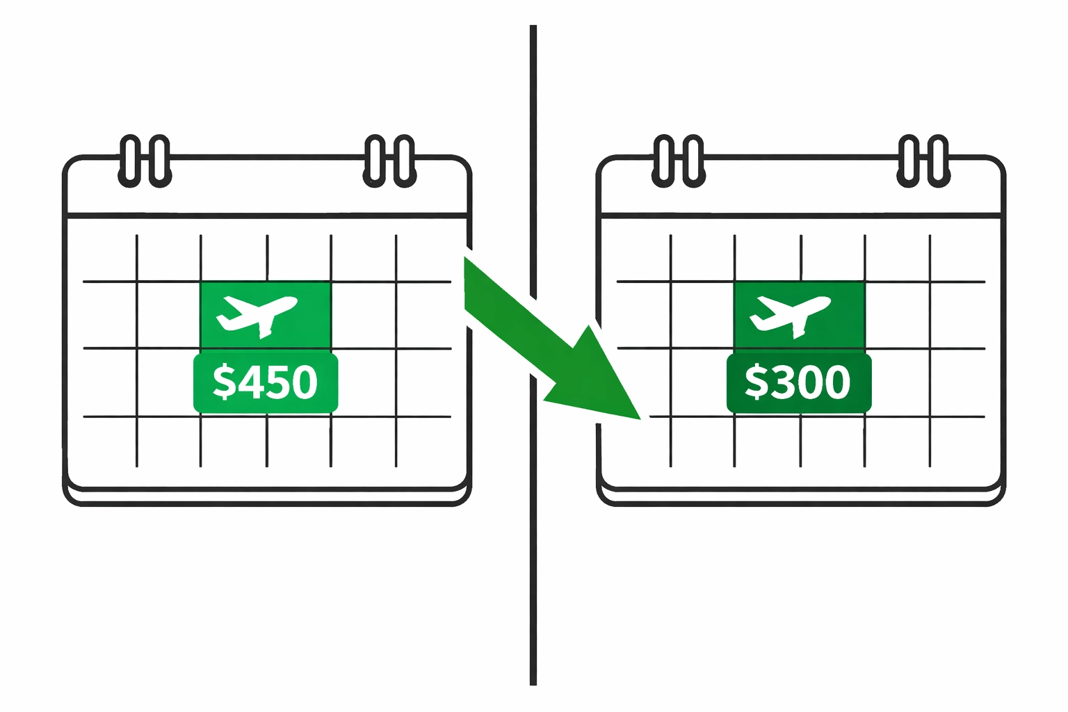 Flight price drop from $450 to $300 shown on calendar with downward arrow