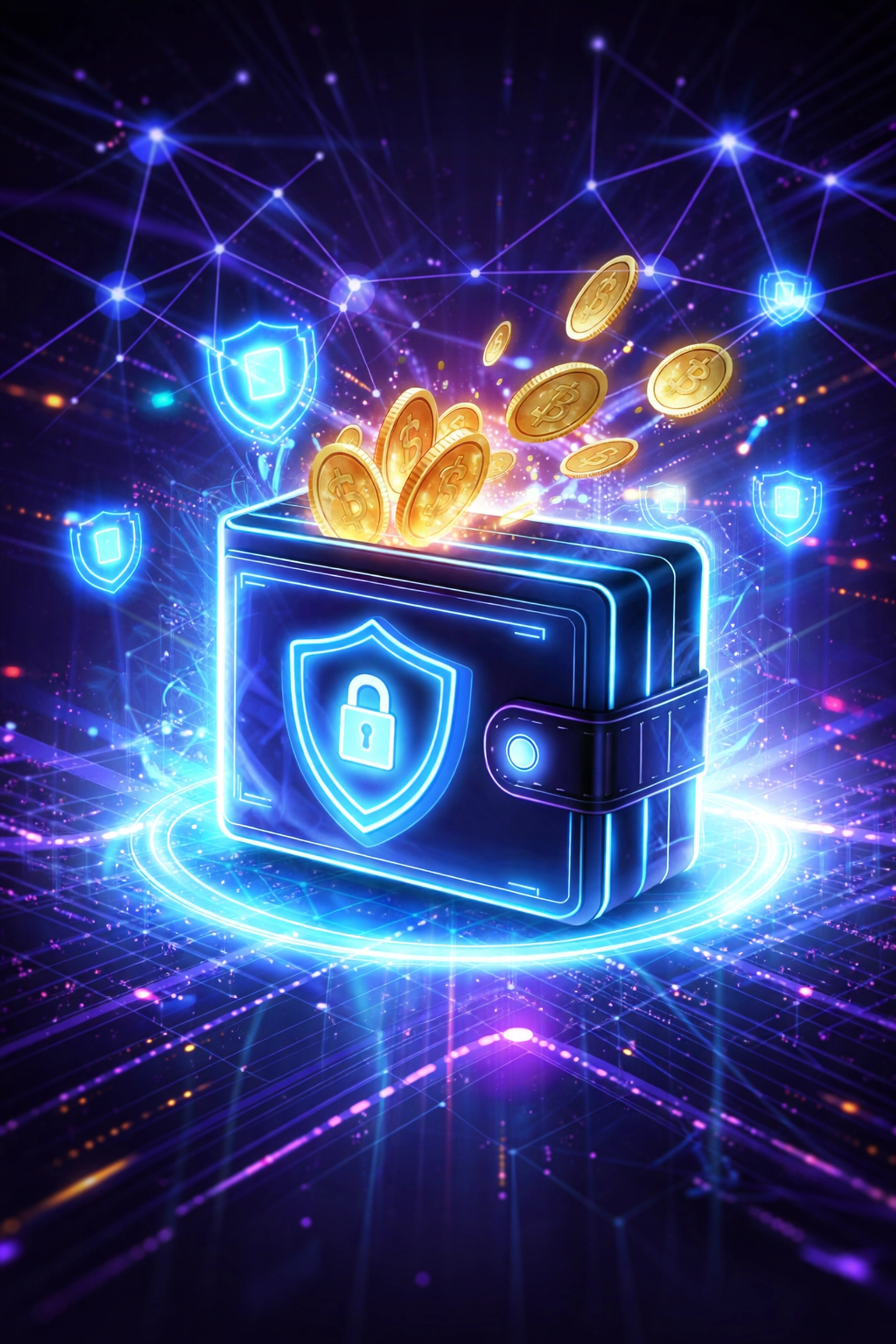 A digital wallet glowing in a vibrant cyber environment, symbolizing self-custody and secure crypto payments in Web3.