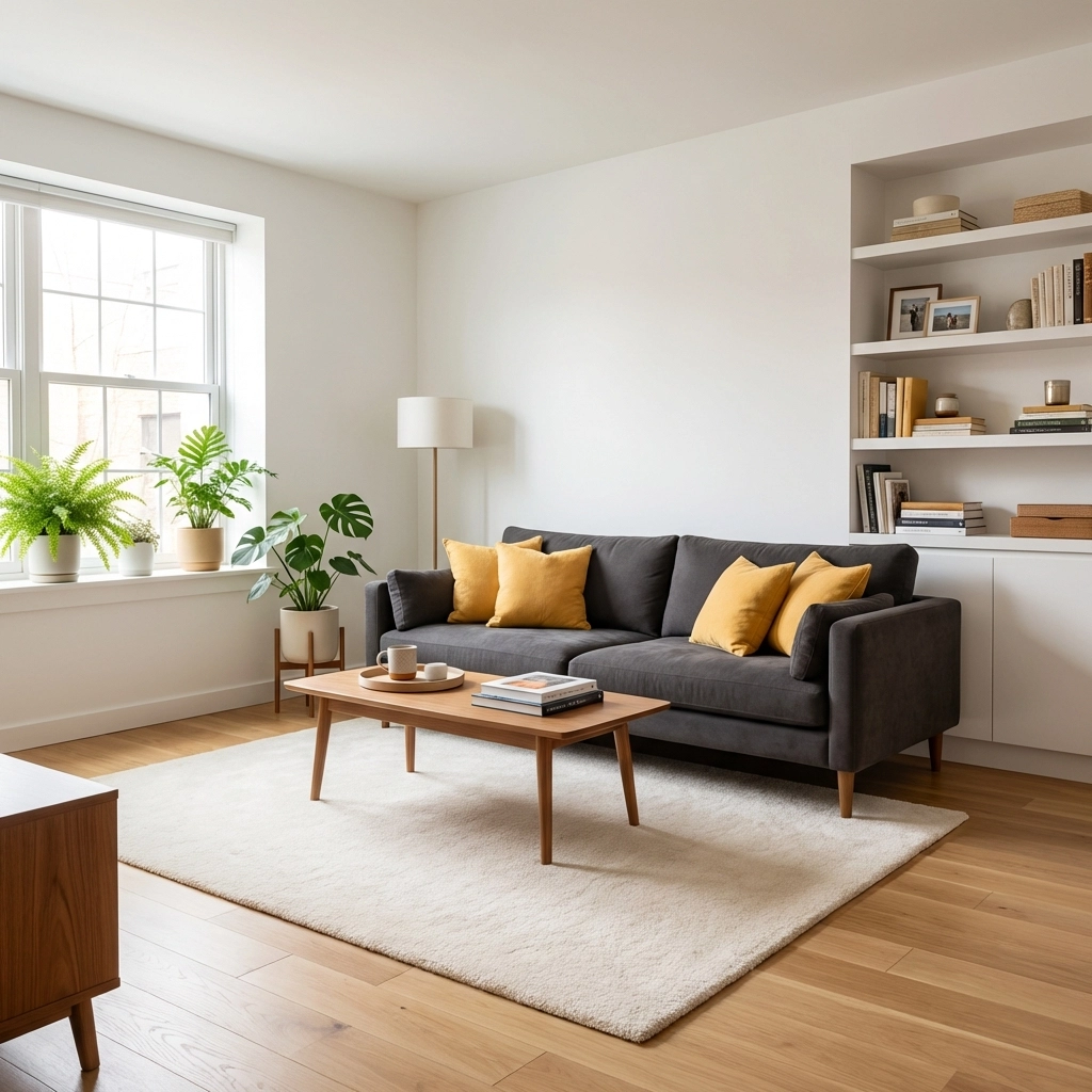 Bright, tidy living room in a rental property highlights meticulous standards in professional inventory checks.
