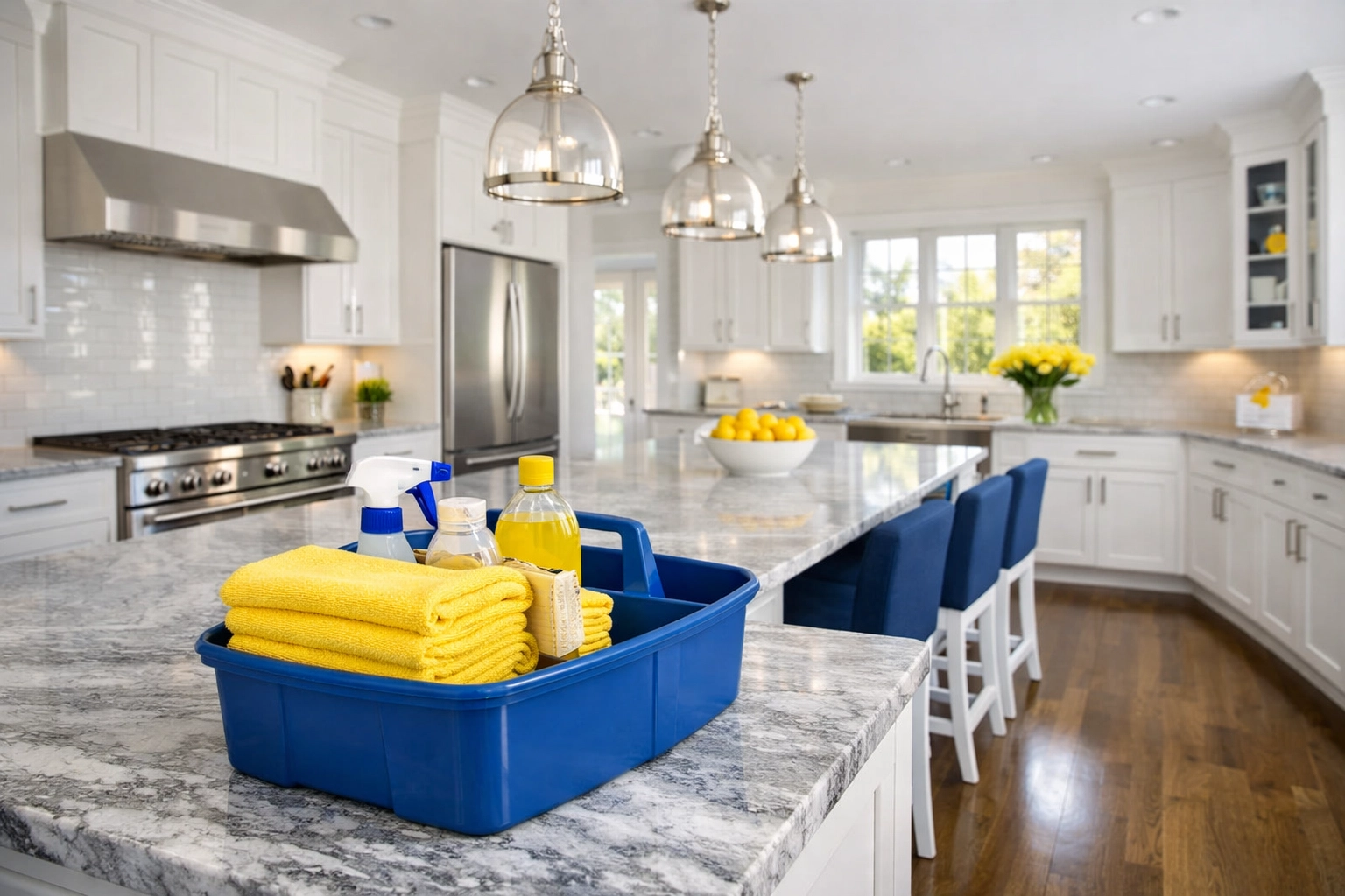 Pristine kitchen with marble counters and white cabinets following professional house cleaning Ashby MA.
