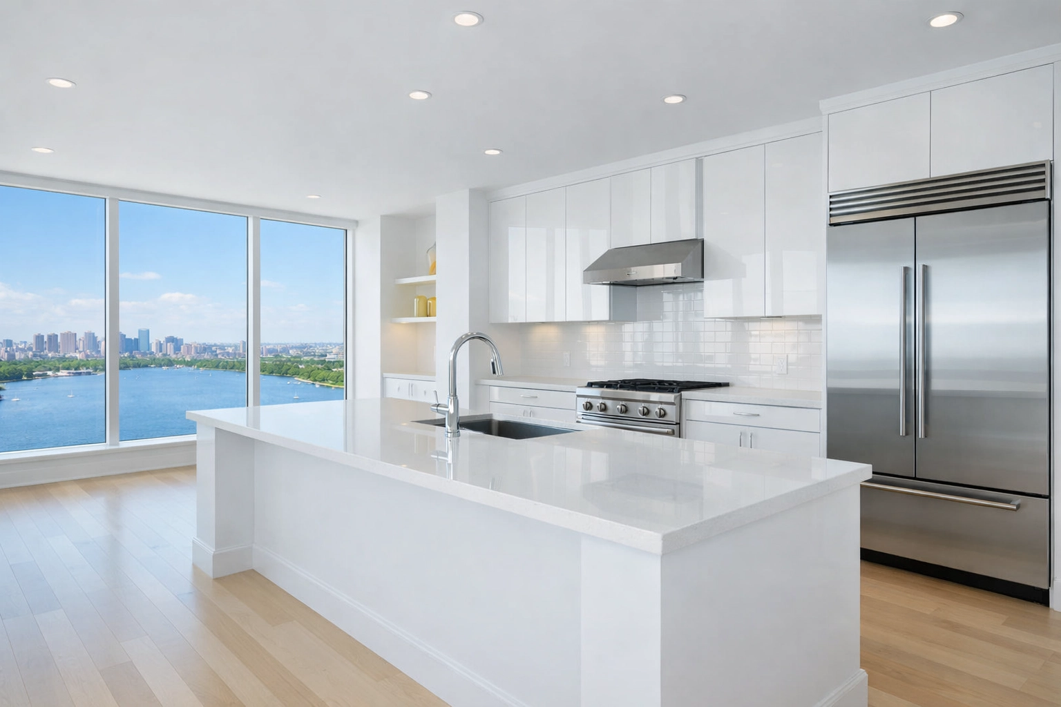 Spotless modern kitchen in Cambridge apartment ready for move-out cleaning Cambridge services.