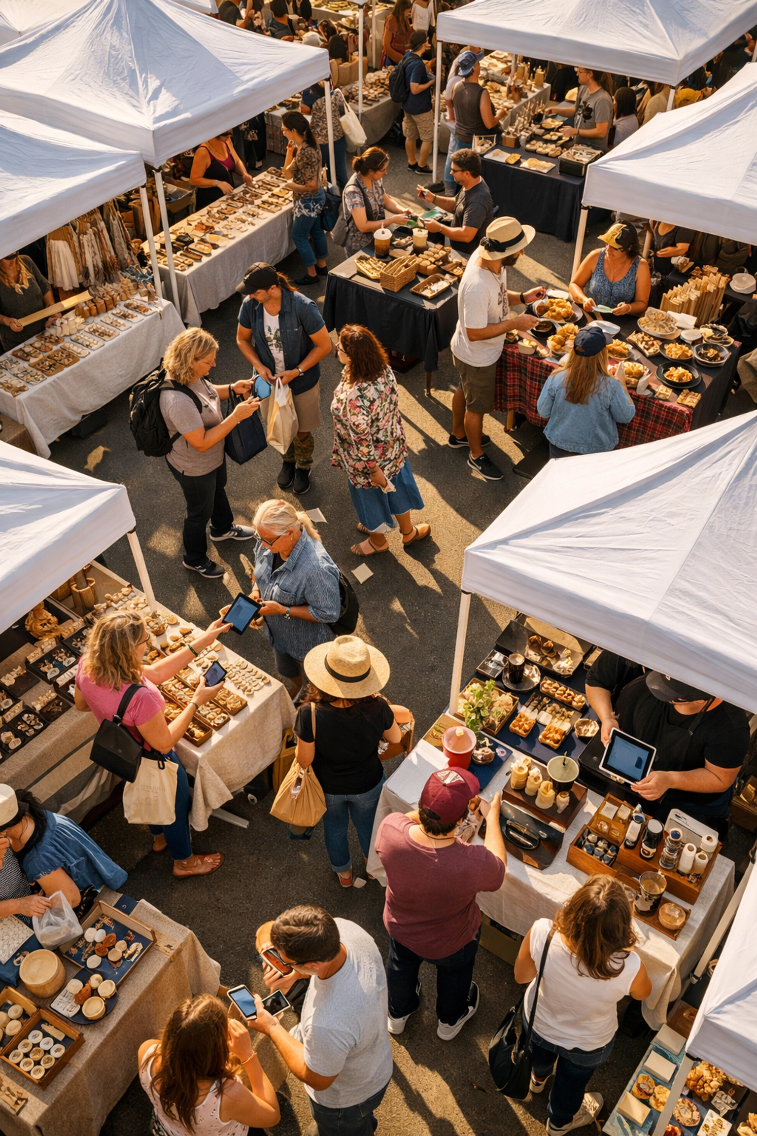 Bustling outdoor pop-up market with vendor stalls and customers shopping