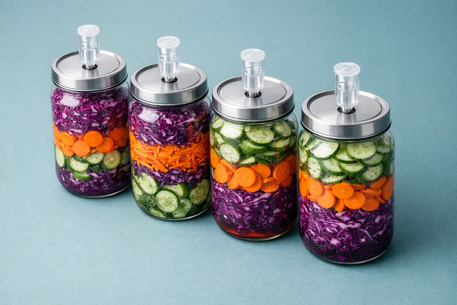 Jars of fermented cabbage, carrots, and cucumbers providing natural probiotics for gut health.