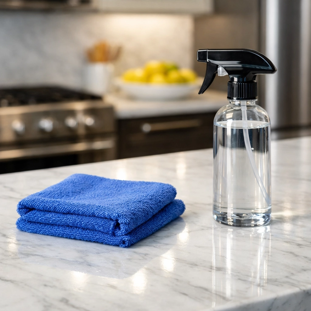Professional cleaning supplies on a spotless marble island during an apartment cleaning Southborough session.