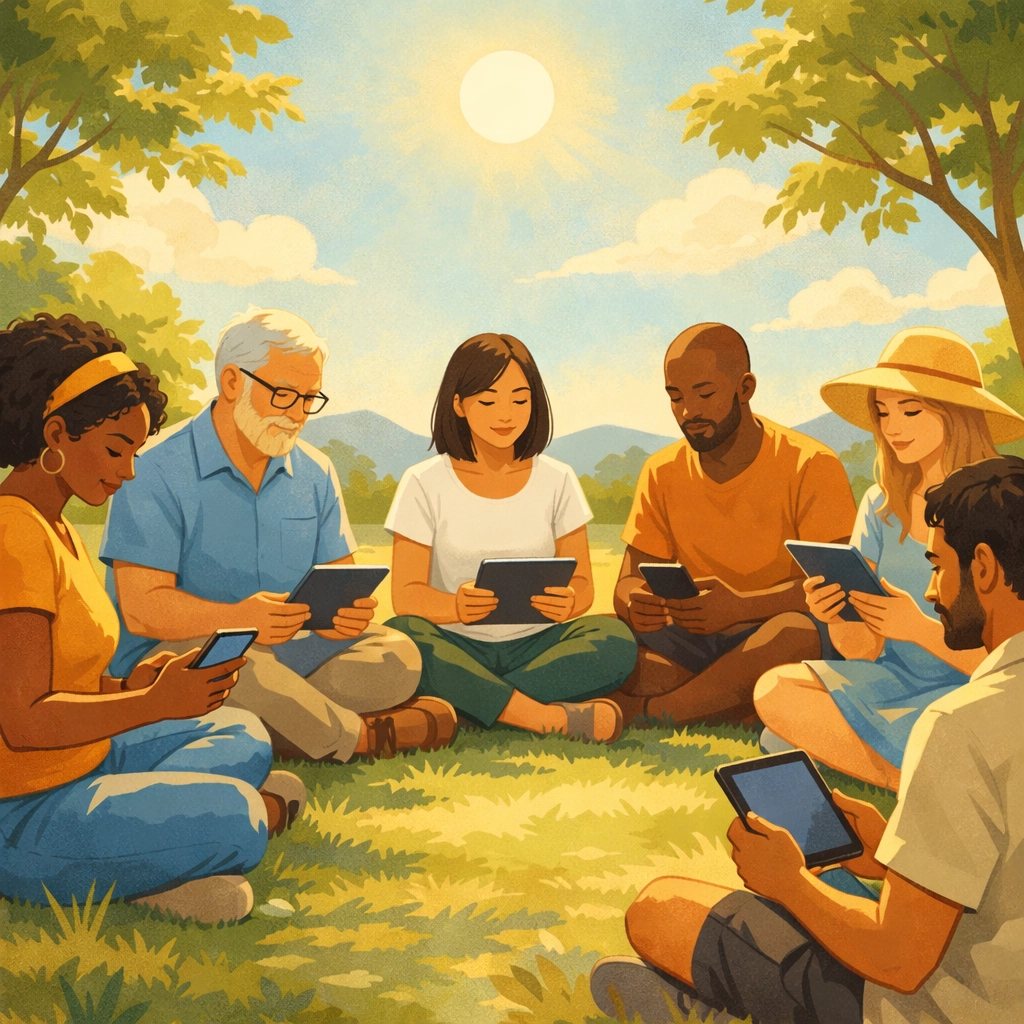 Diverse community reading news peacefully outdoors at midday, staying informed without anxiety