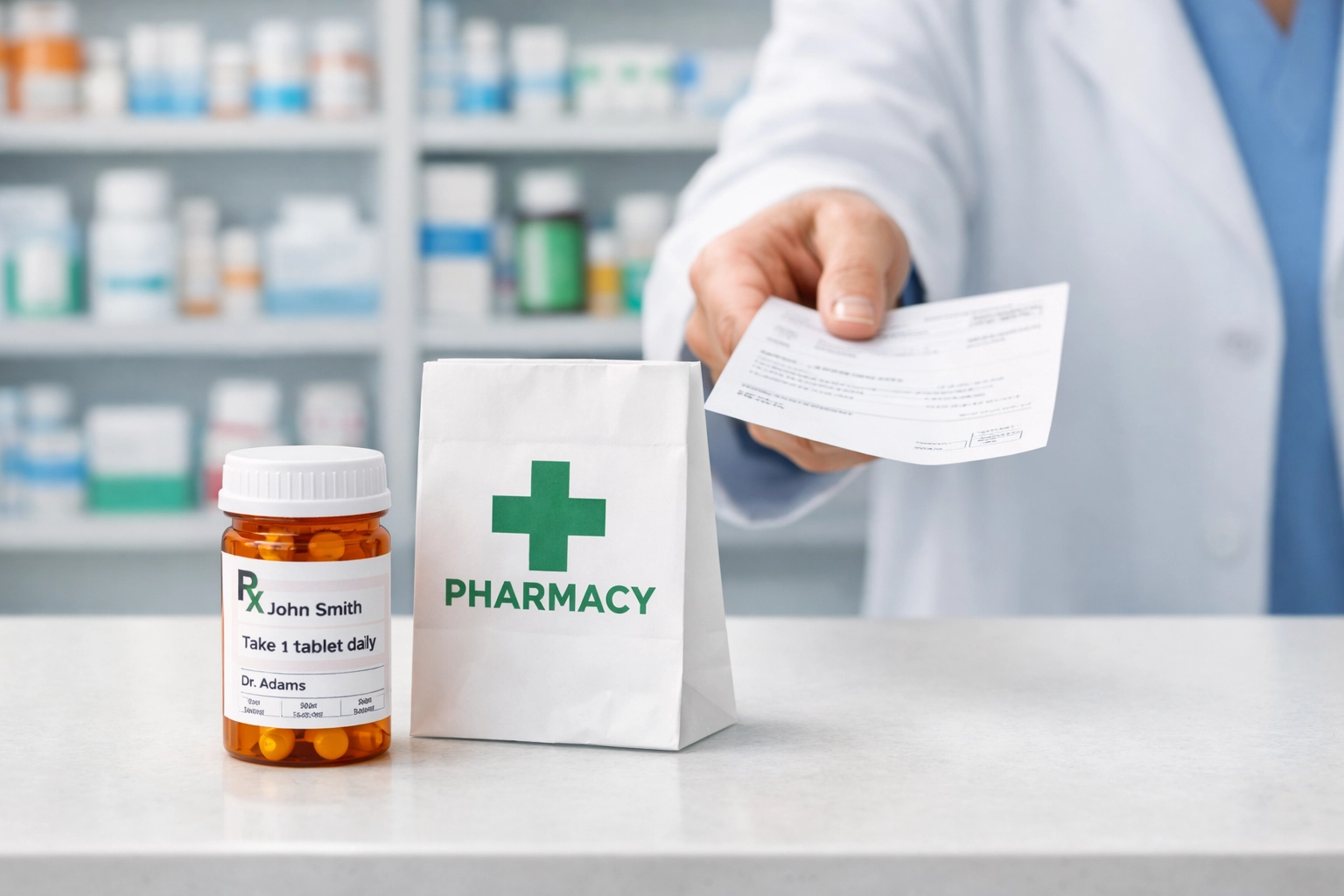 UTI antibiotic prescription bottle at pharmacy counter ready for same-day pickup