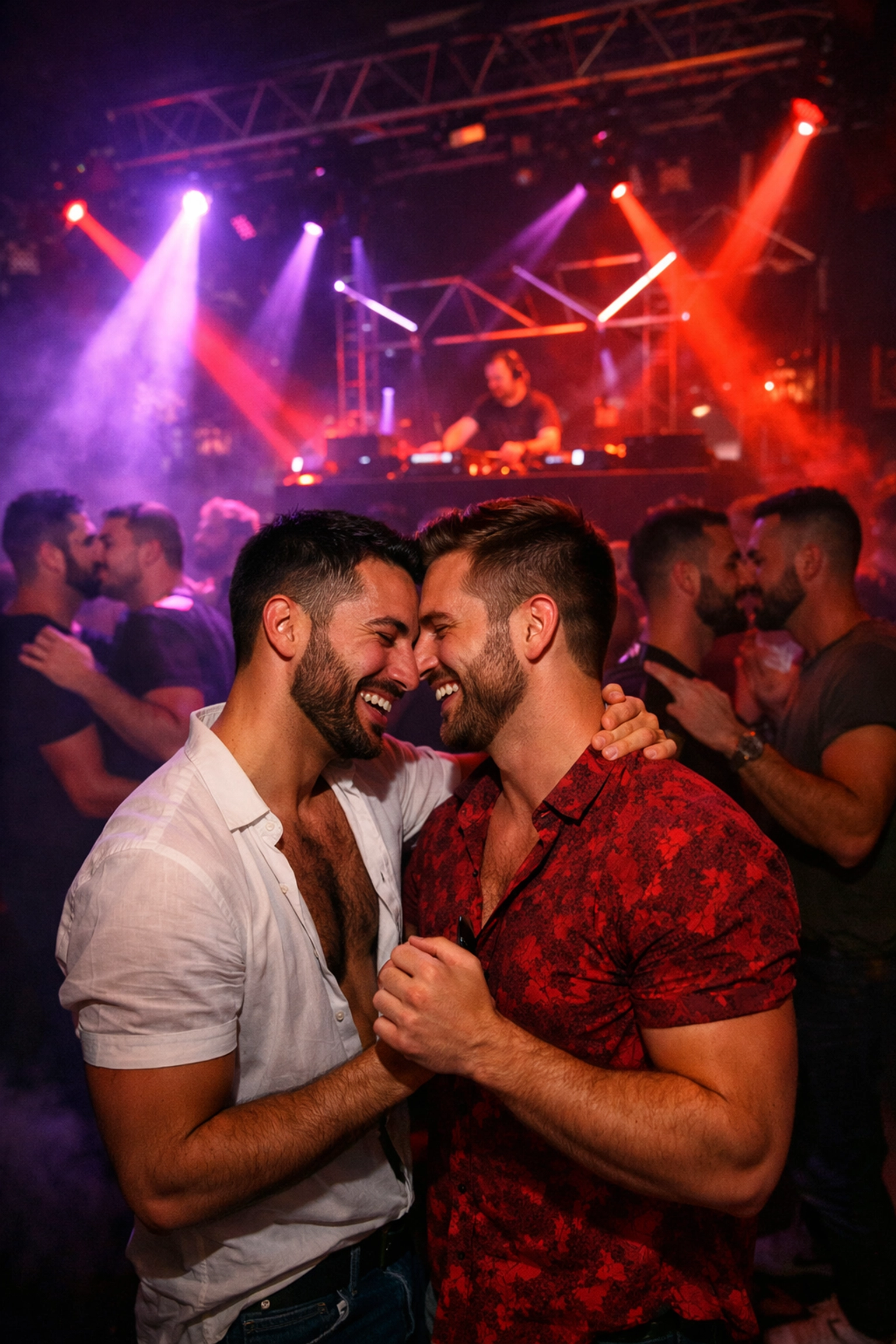 Gay Valentine's party in Tel Aviv nightclub with dancers on packed floor under dramatic lighting