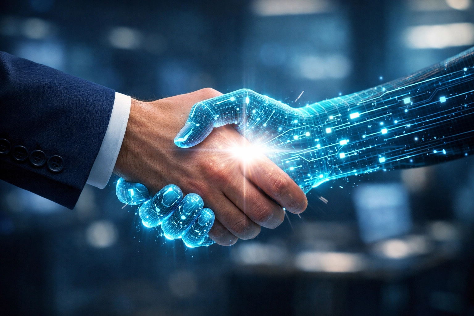 A professional agent shaking hands with a digital AI assistant to represent partnership.