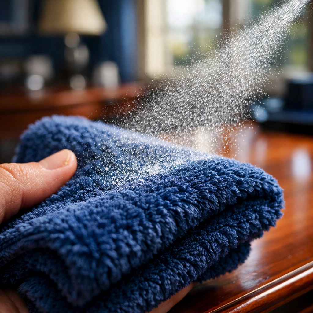 Professional office cleaning Worcester techniques showing safe spraying on a cloth for desks.