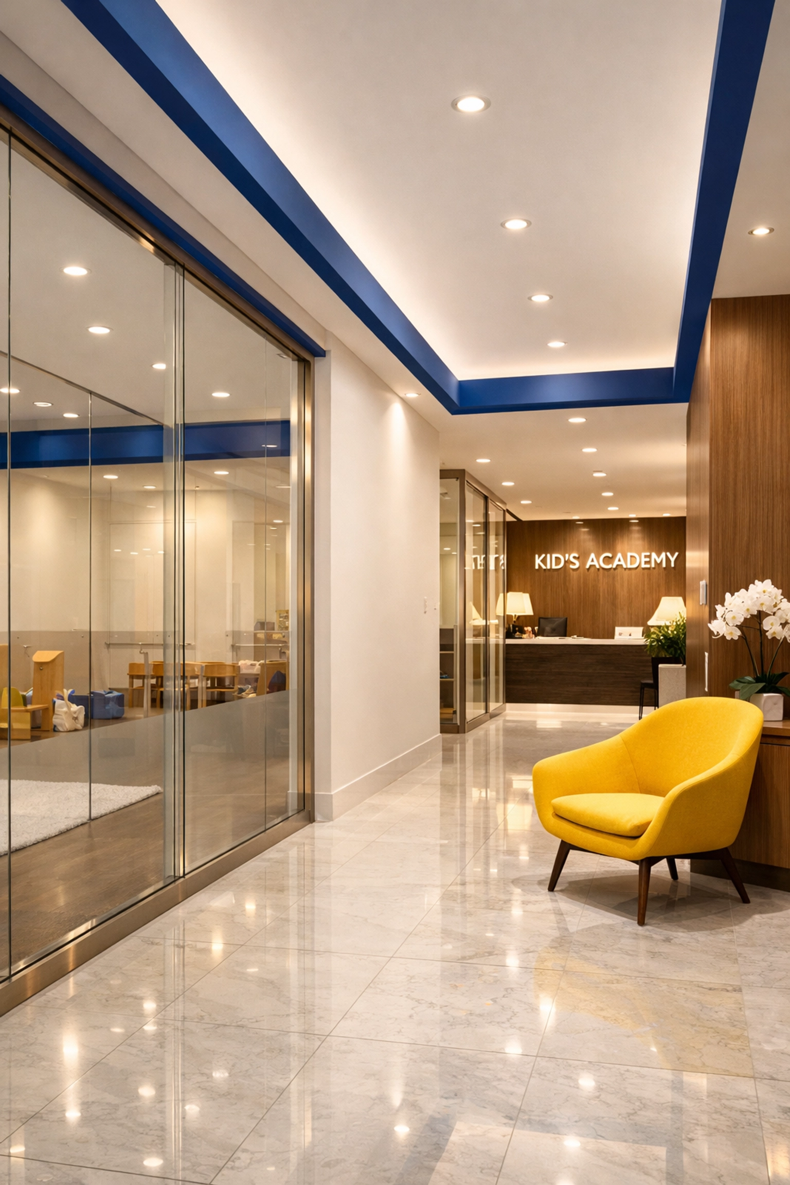 Pristine daycare entrance and hallway showcasing professional commercial cleaning services in Massachusetts.