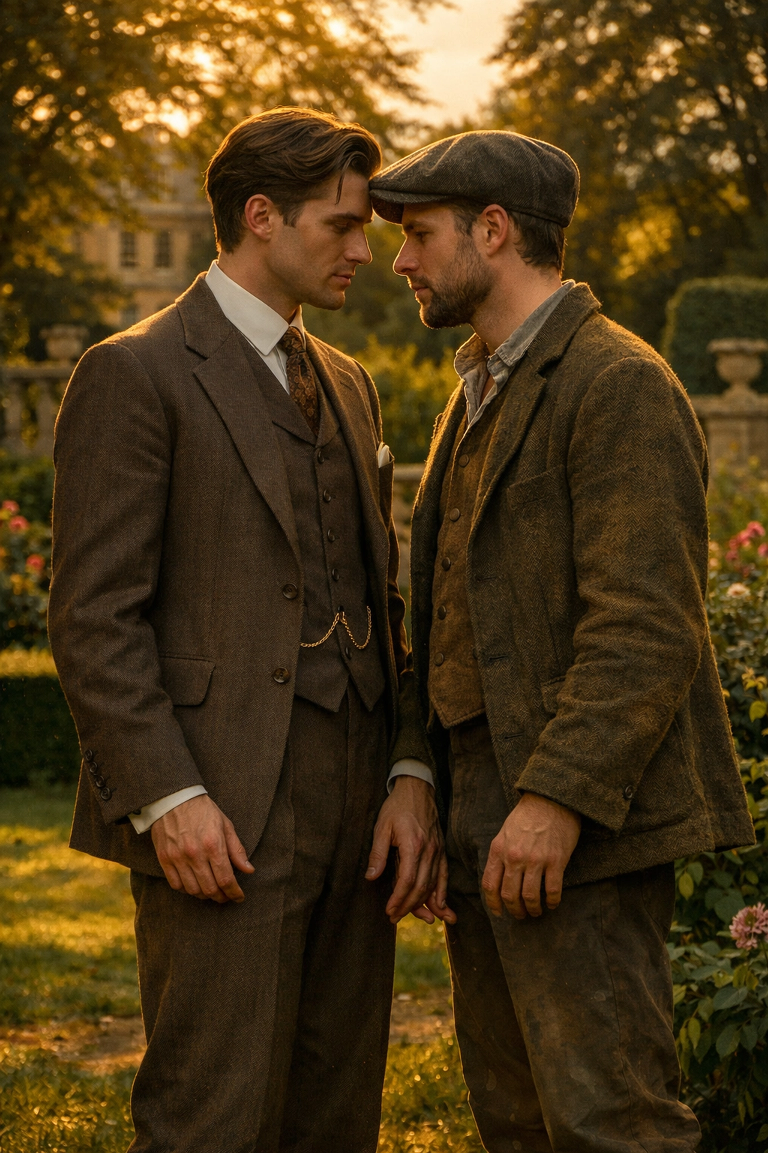 Maurice and Alec in Edwardian garden, upper class meets working class in forbidden gay romance