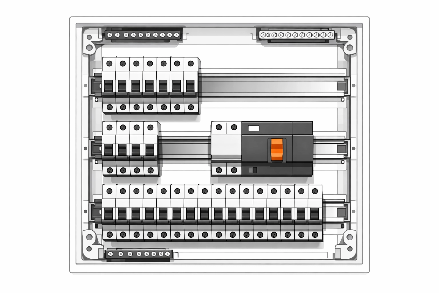 Technik-Illustration eines Sicherungskastens mit hervorgehobenem FI-Schutzschalter bei Stromausfall.