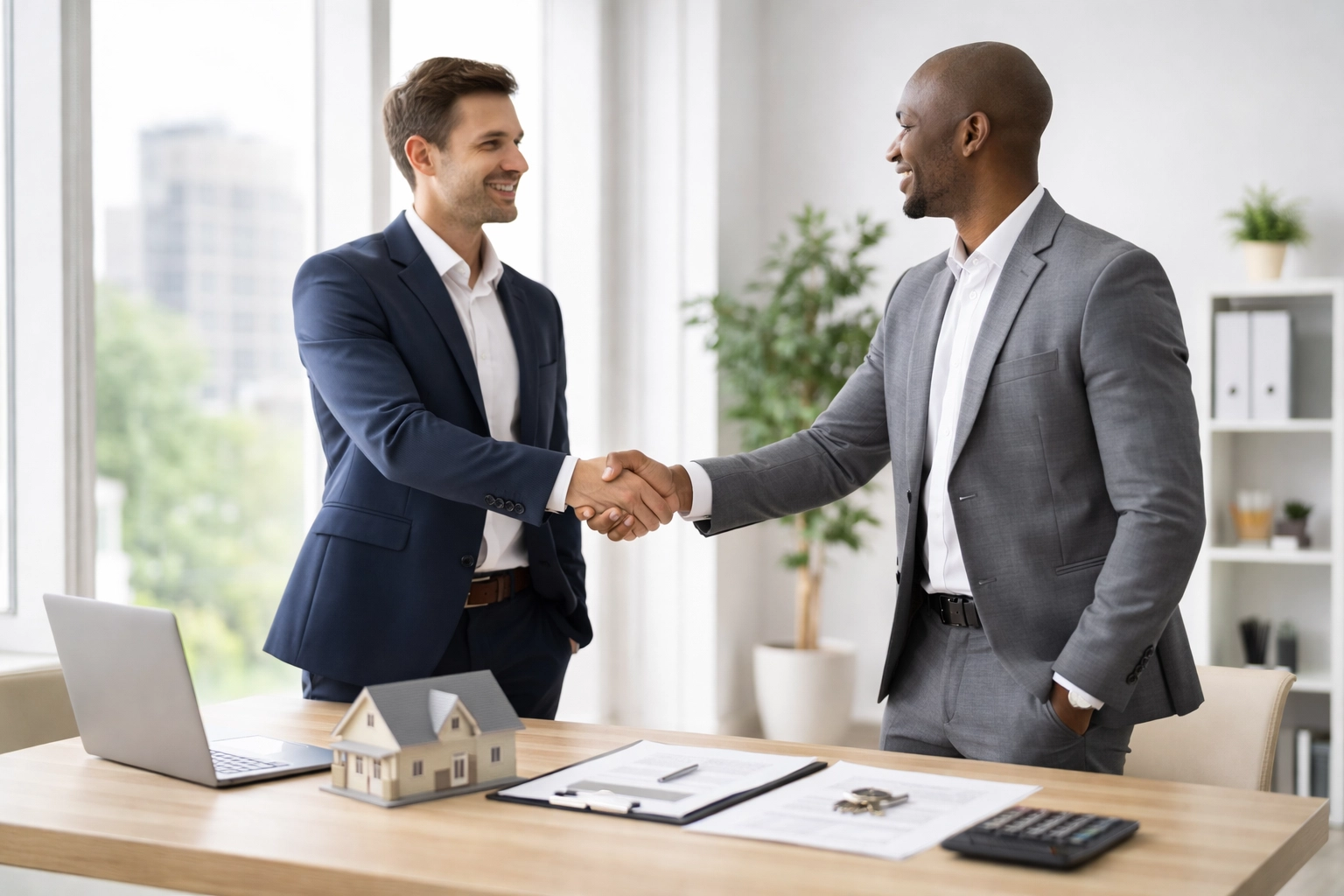 Two professionals shaking hands over property documents in a modern office