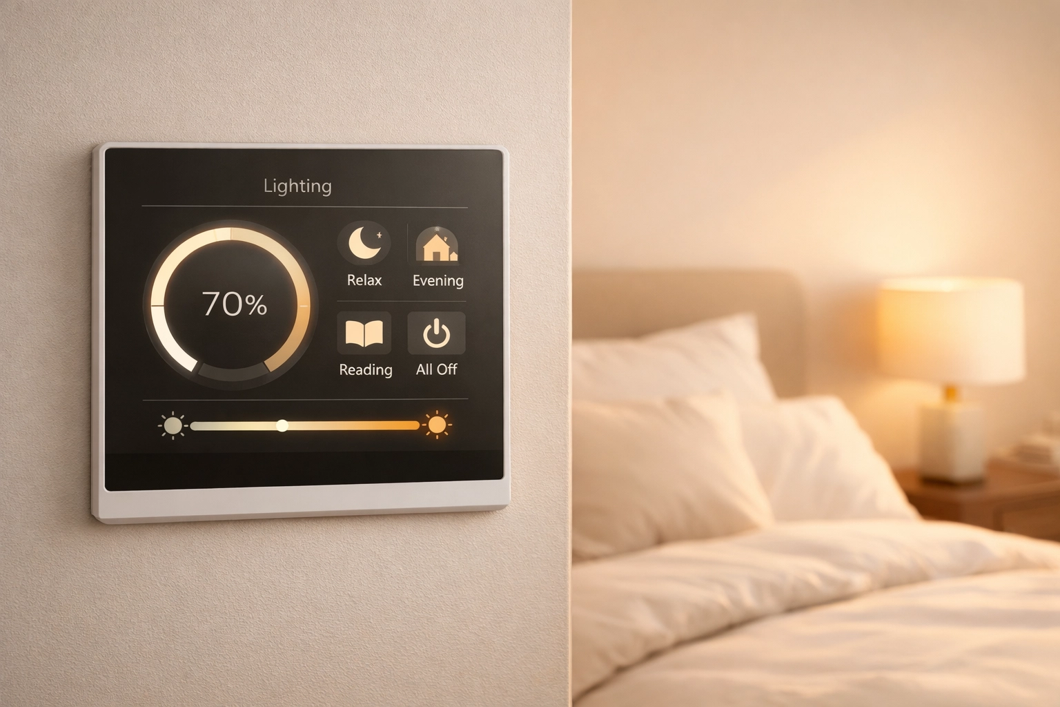 Smart home controls in luxury vacation rental bedroom with premium bedding