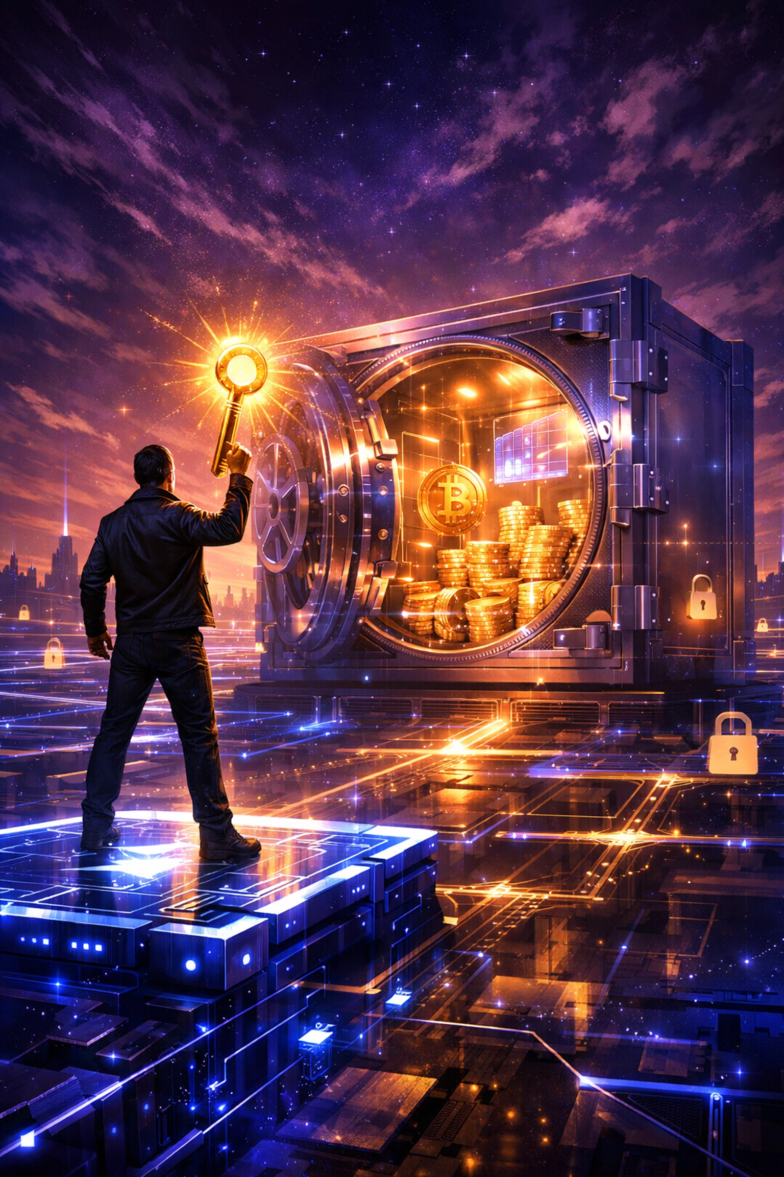 Person holding key to secure digital vault representing LUSD self-custody and compliant Web3 payment solutions