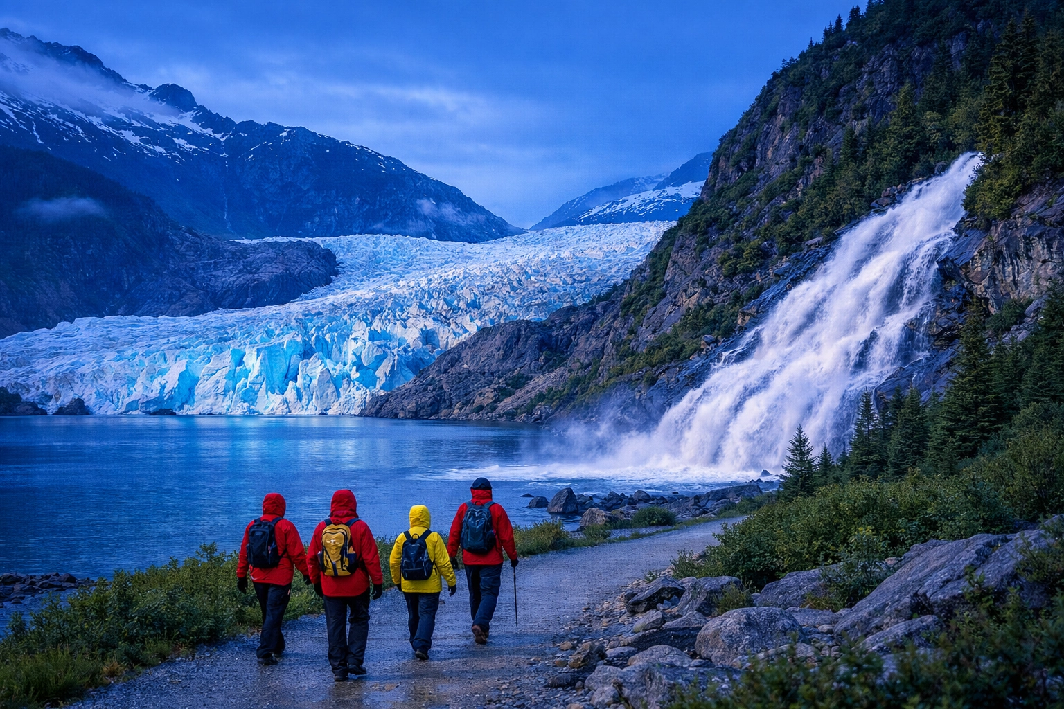 Hikers exploring the Mendenhall Glacier and Nugget Falls during an Alaska shore excursion in Juneau.