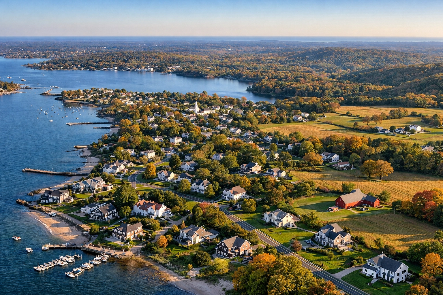 Aerial view of diverse Connecticut neighborhoods from coast to countryside