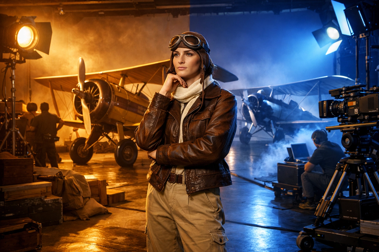 Hollywood film set with vintage biplane representing Great Circle's dual timeline narrative