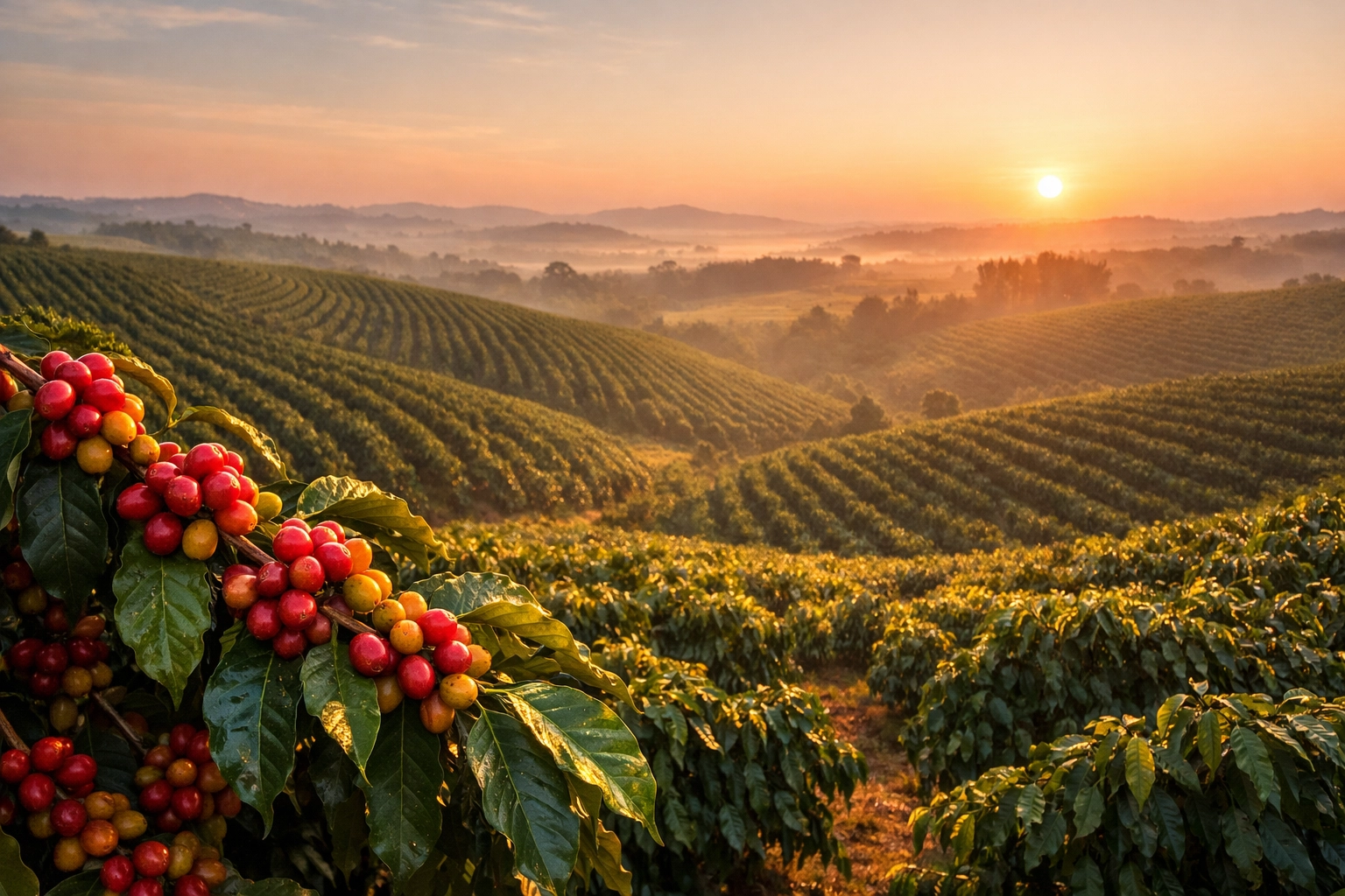Ripe red coffee cherries on a branch at a vast Brazil plantation during the record 2026 harvest.