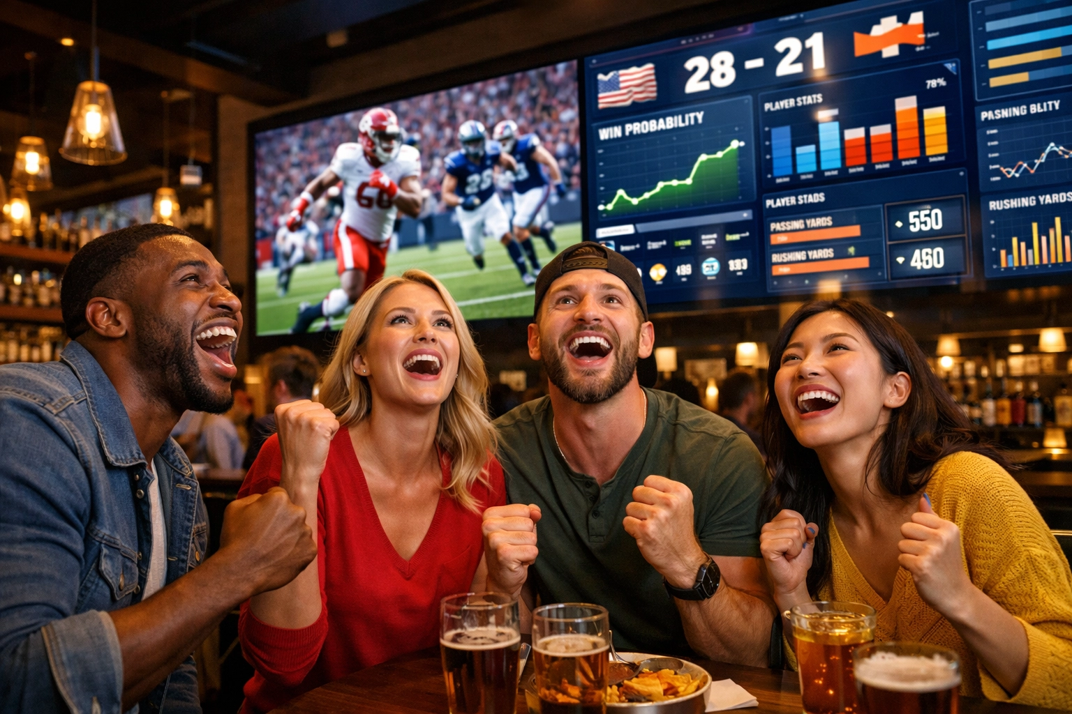 Sports fans engaging with real-time betting data and live game updates on synchronized digital displays.