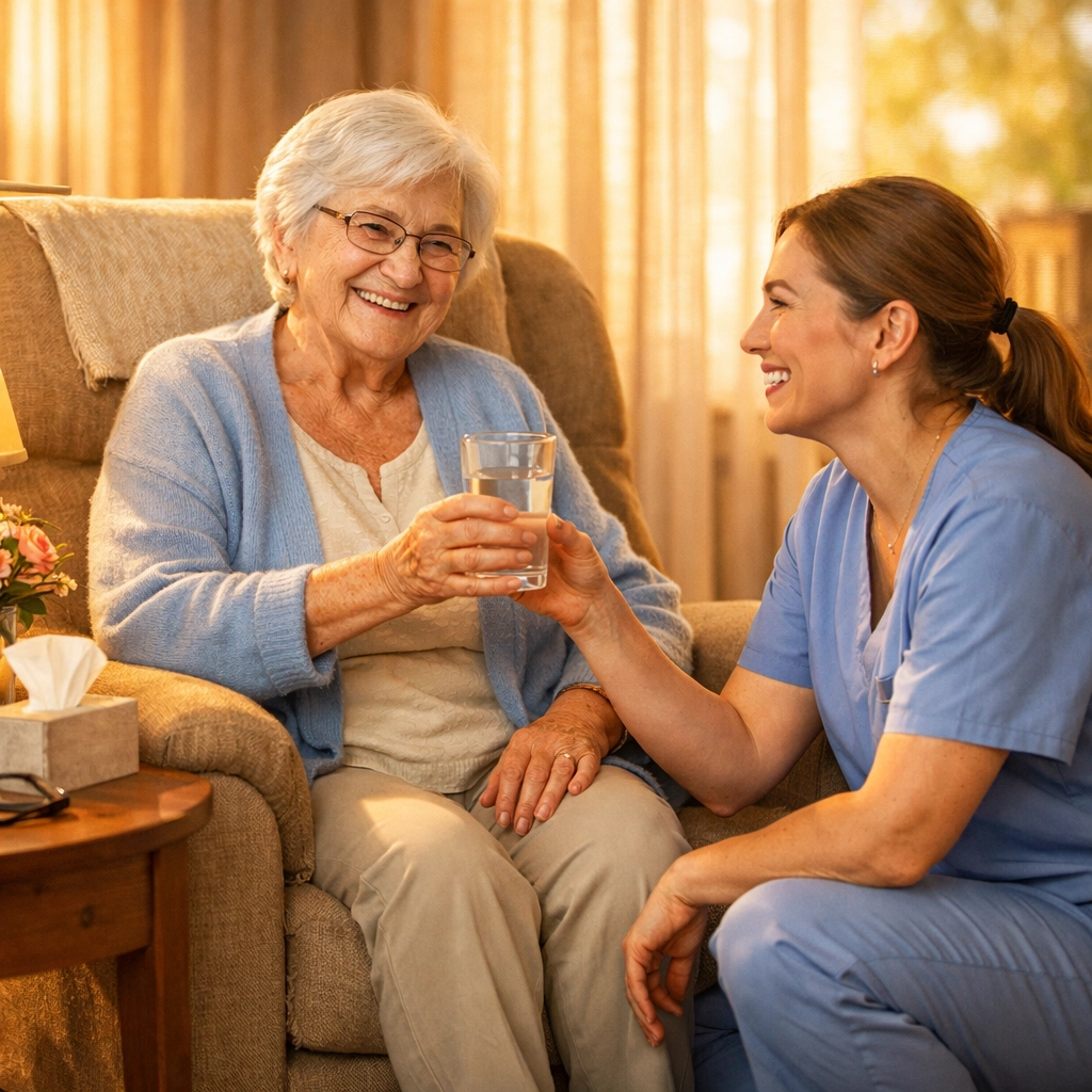 Elderly person sitting safely in armchair after fall with caregiver offering water