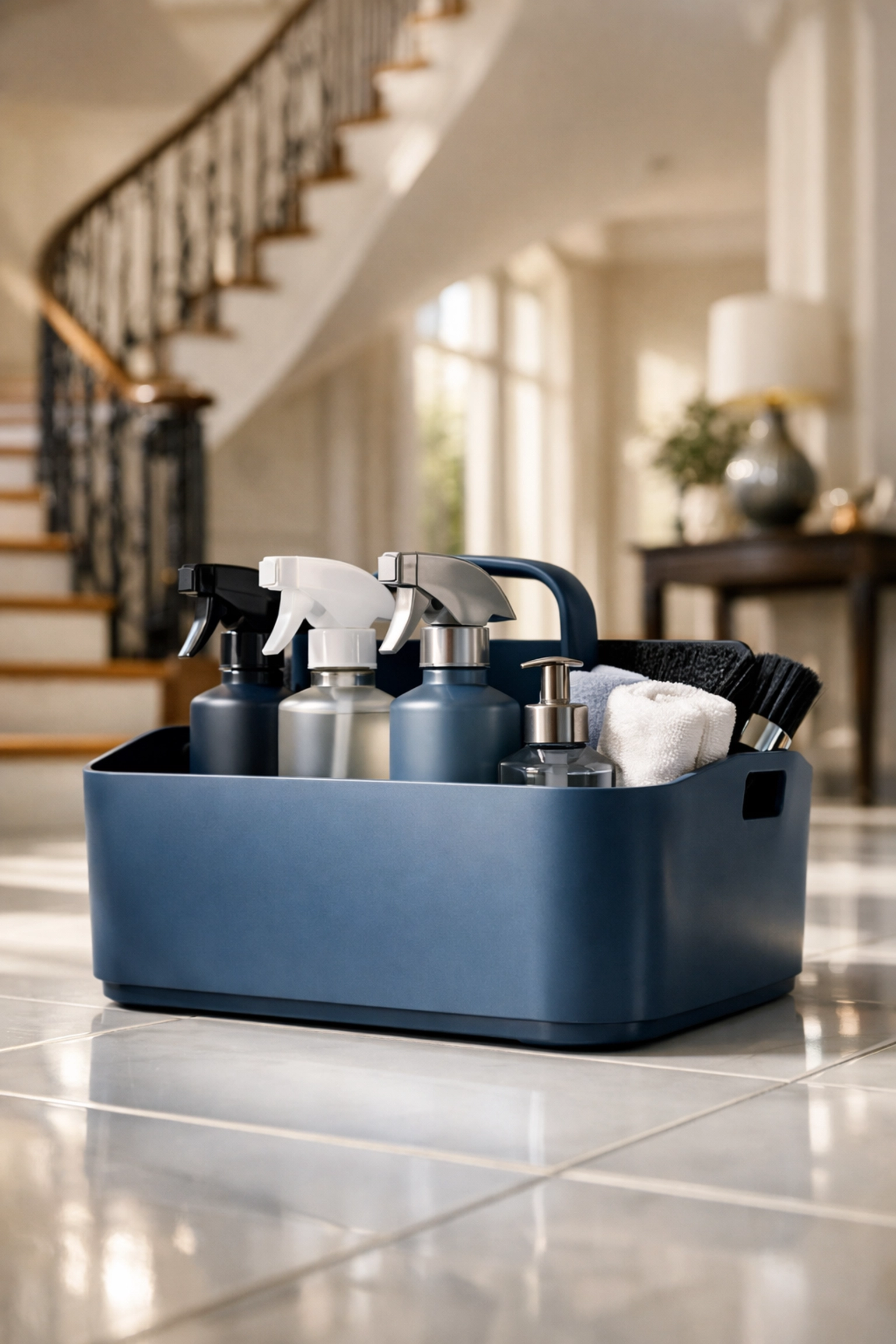 A professional cleaning caddy in a luxury foyer representing premier maid services Worcester.