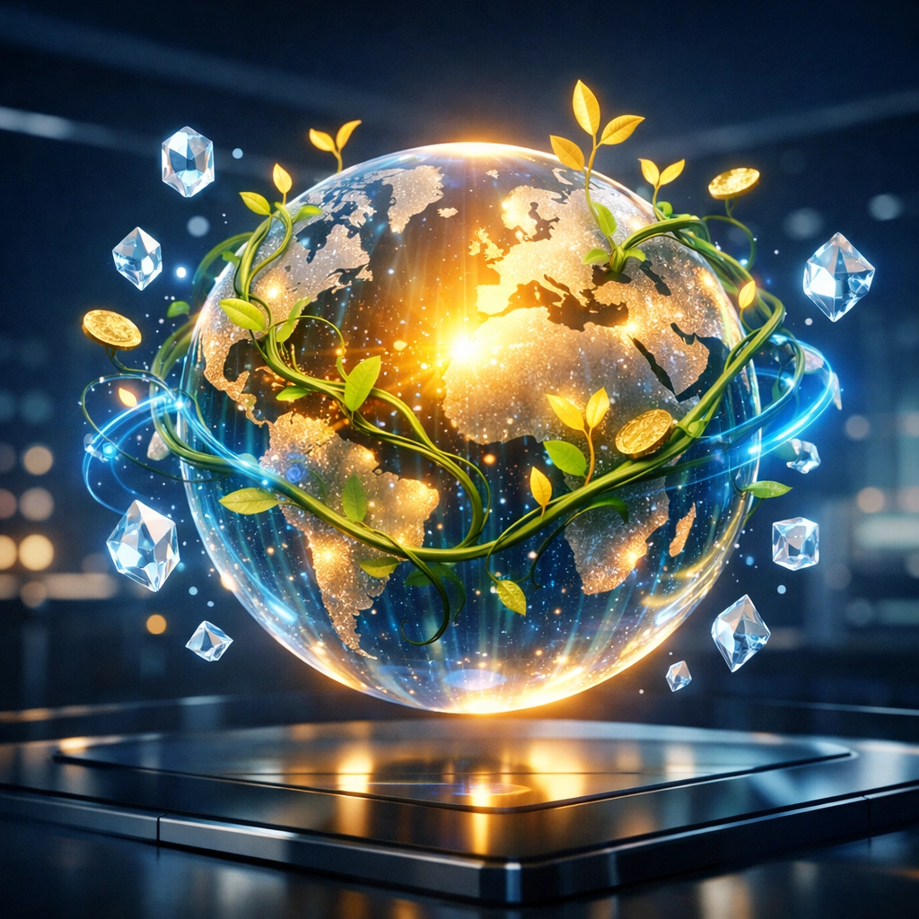 Glowing digital globe with growing vines representing social impact crypto and global Web3 payment solutions.