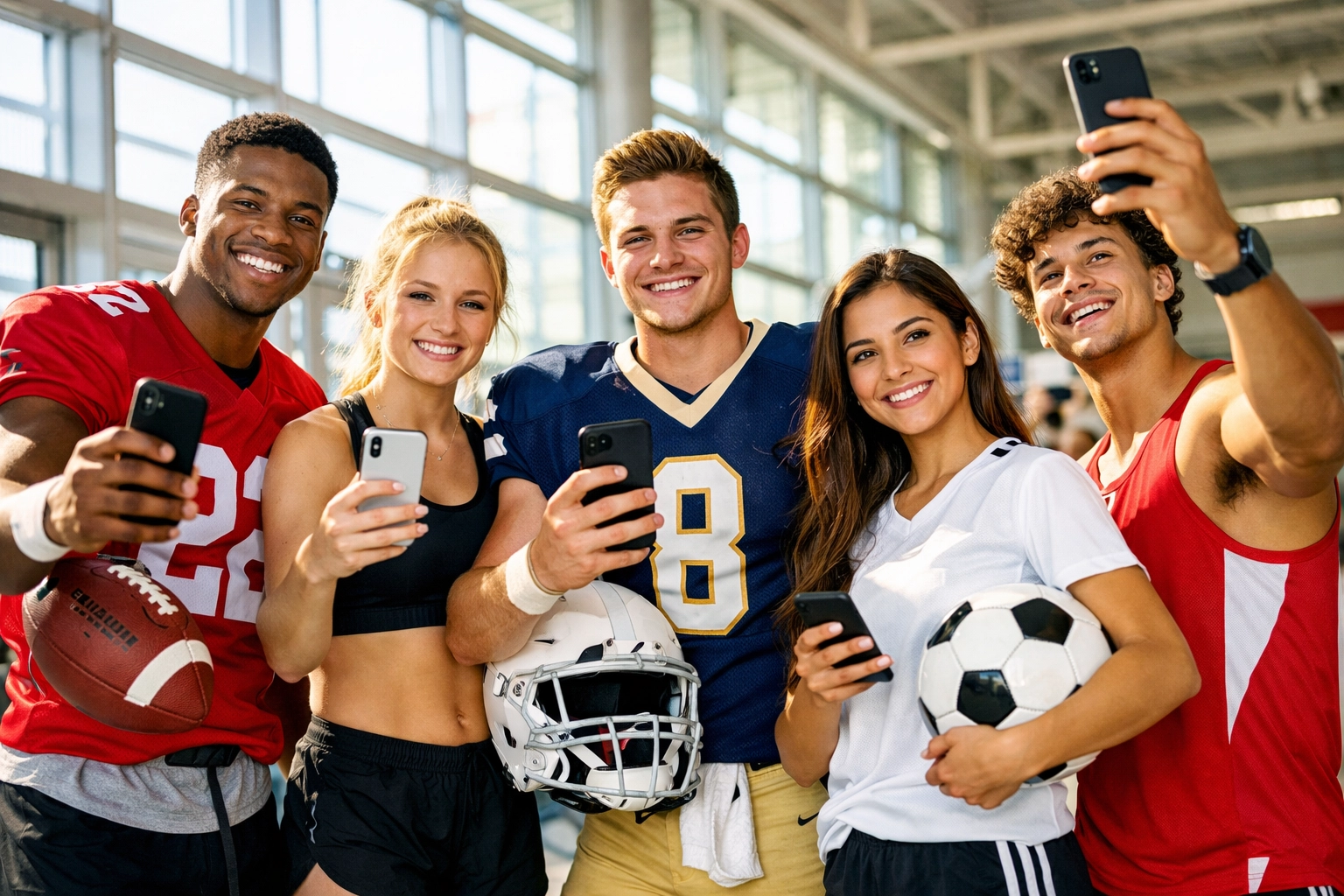 Diverse college athletes using smartphones representing authentic NIL voices for Super Bowl 2026 campaigns.