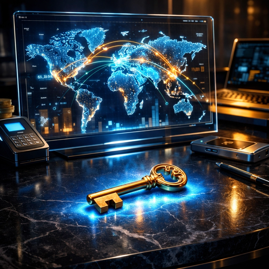 Merchant dashboard with a transaction map and golden key, representing self-custody and secure crypto payments.