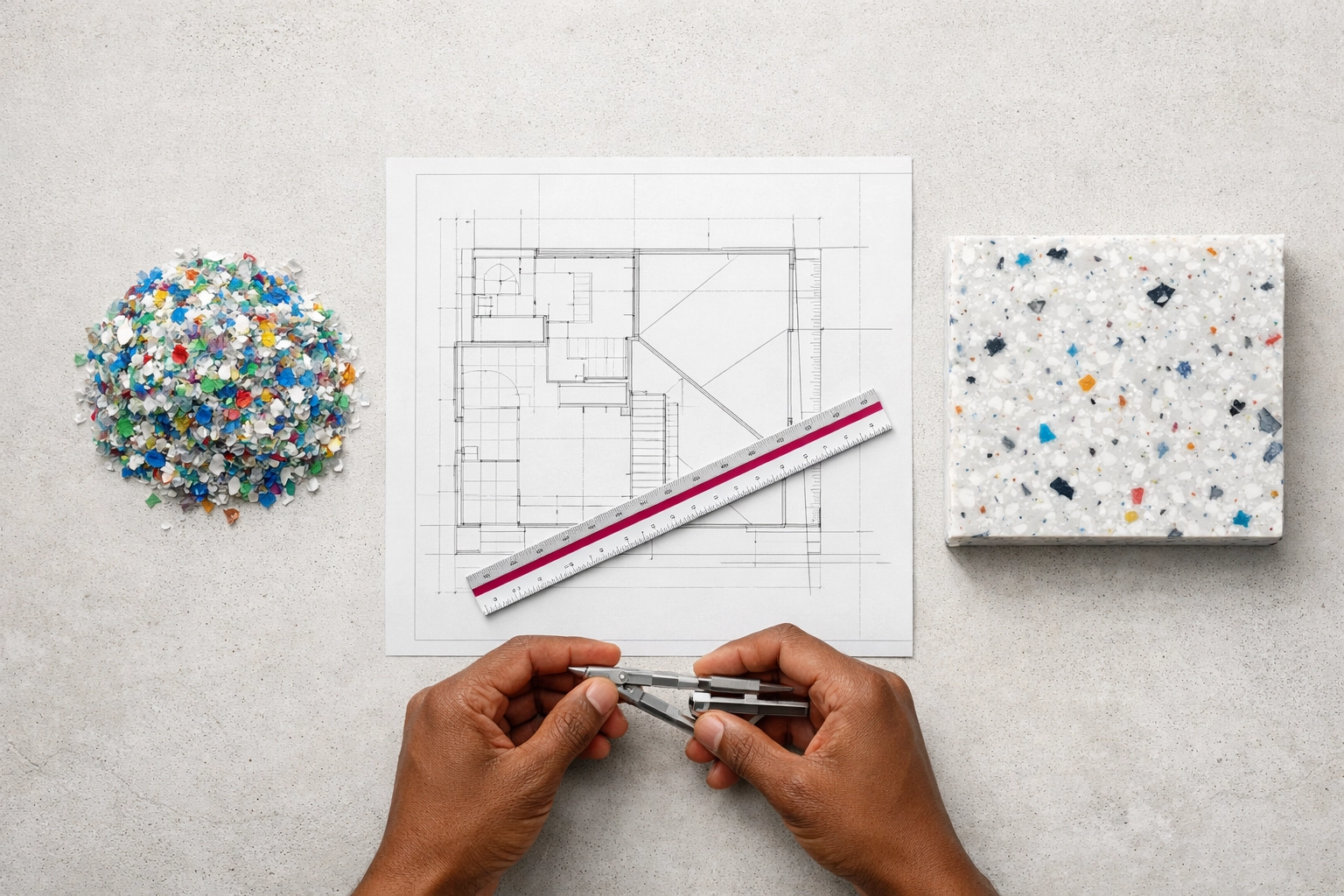 Architectural flat-lay illustrating the lifecycle of recycled plastic from raw flakes to a finished sustainable panel.