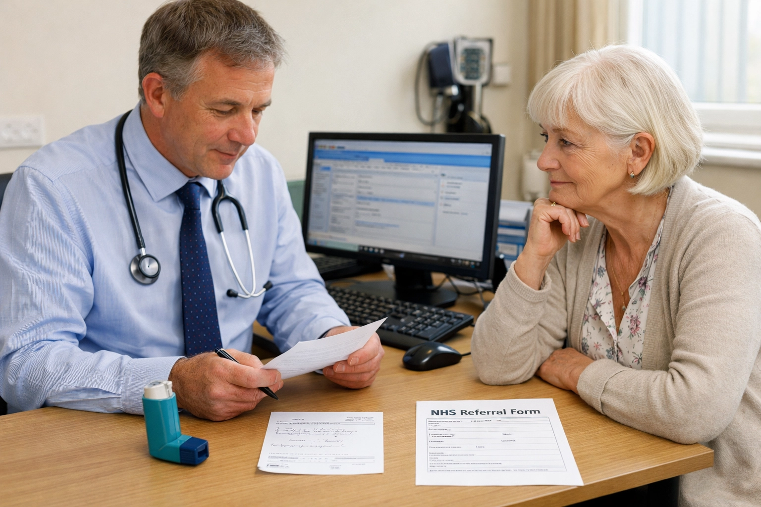 GP consultation discussing respiratory treatment with patient, highlighting pulmonary rehabilitation referral gap